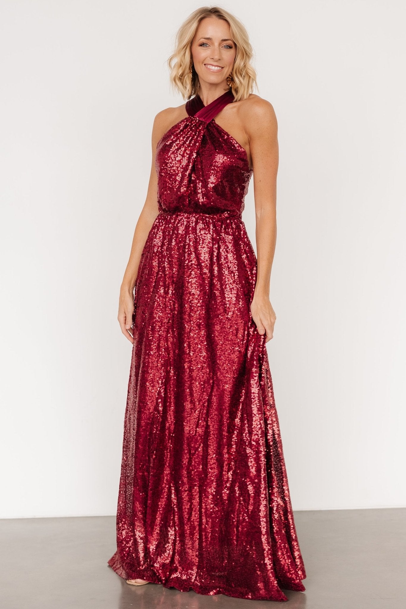 Burgundy Sequin Maxi Dress with Halter Neck & Open Back