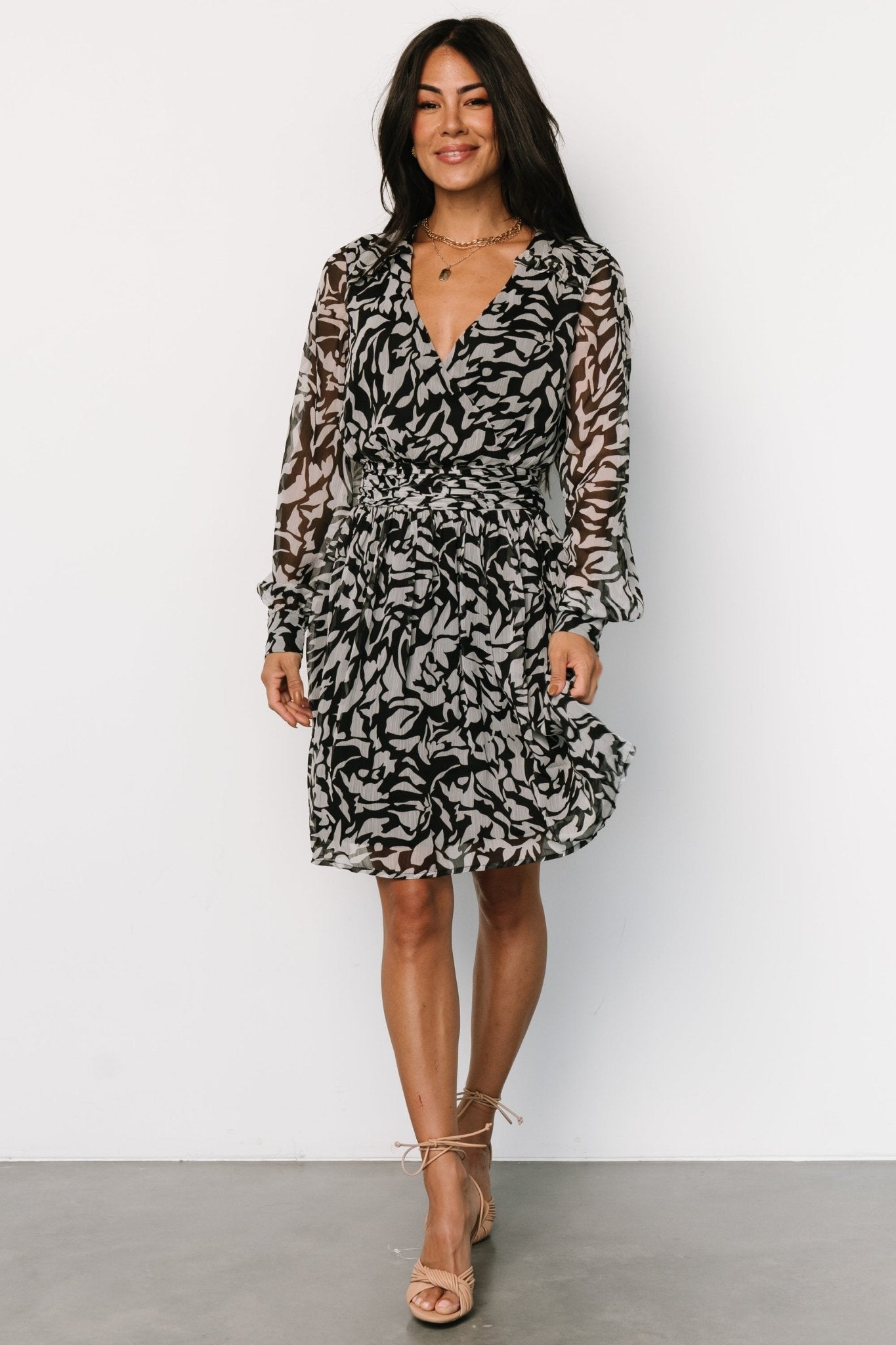 Black Chiffon Short Dress with Abstract Print & Puff Sleeves