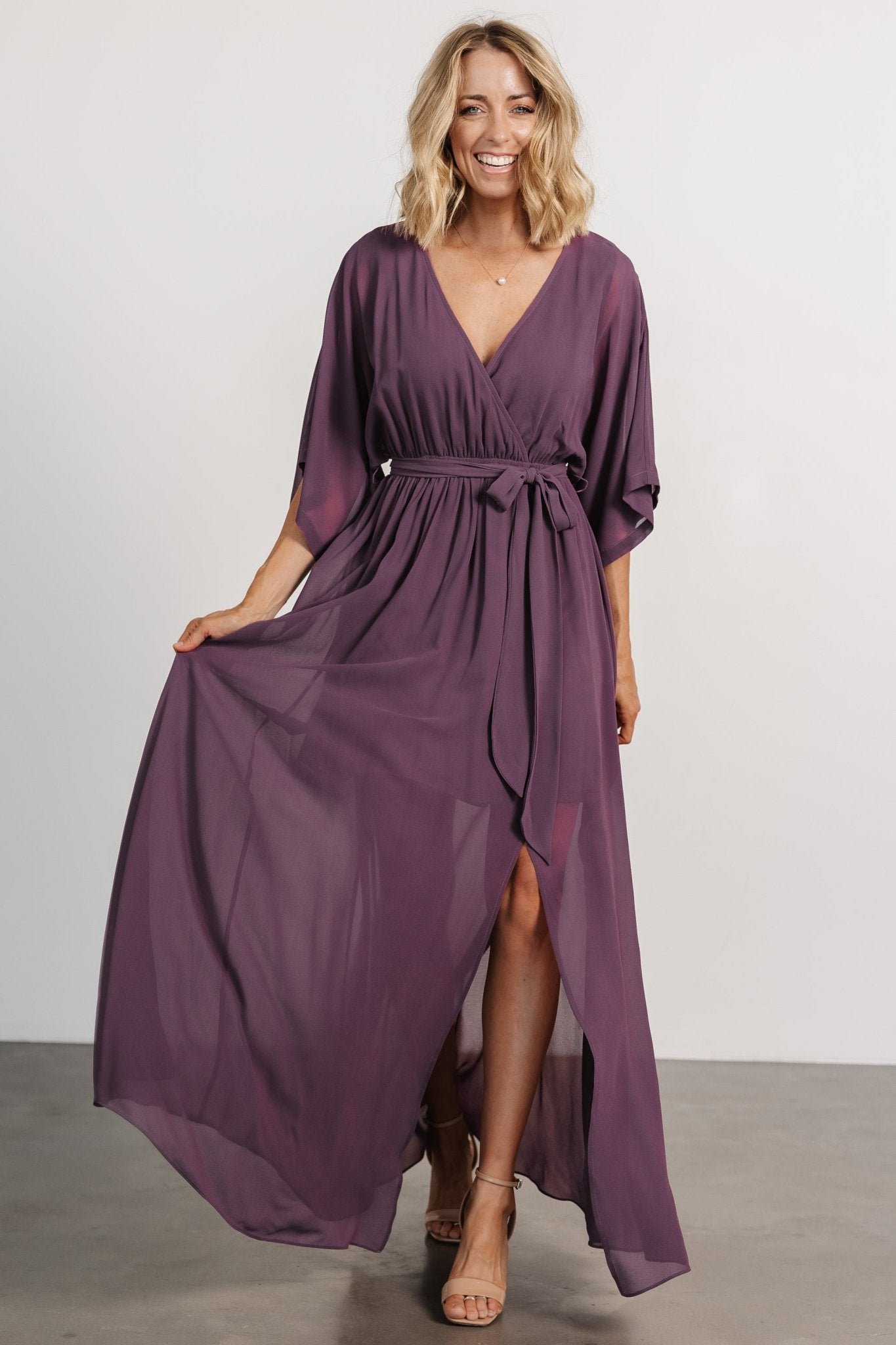 Vintage Plum Kimono Maxi Dress for Women with Elastic Waistband