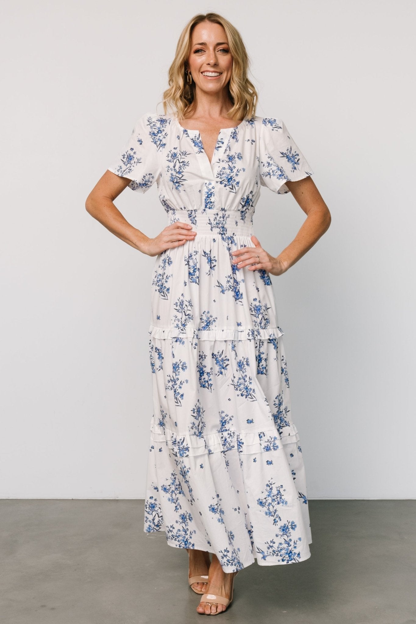 Floral Cotton Poplin Maxi Dress with Pockets - Off White & Blue