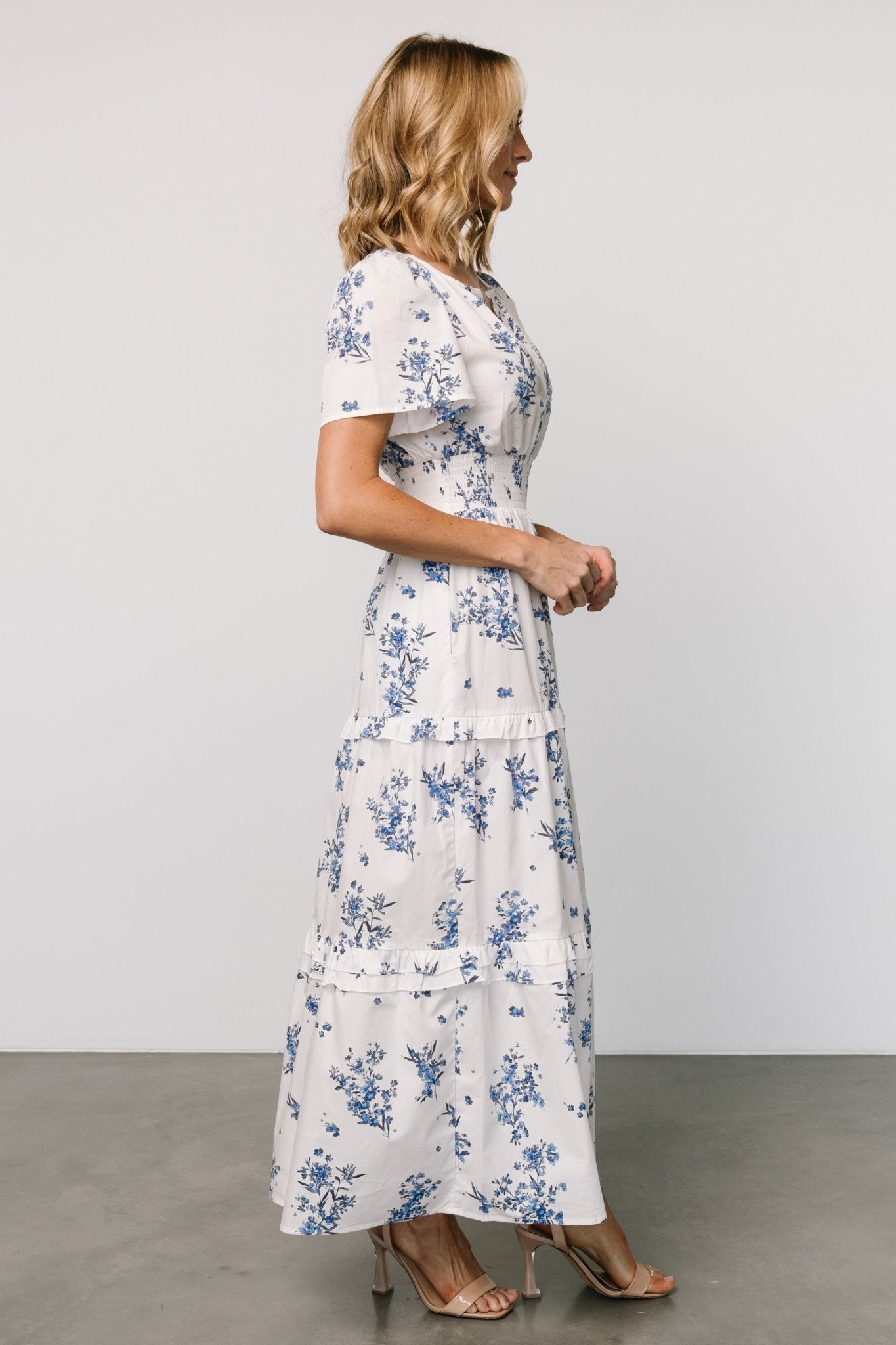 Floral Cotton Poplin Maxi Dress with Pockets - Off White & Blue
