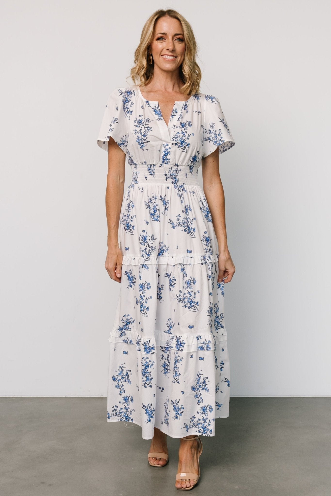 Floral Cotton Poplin Maxi Dress with Pockets - Off White & Blue