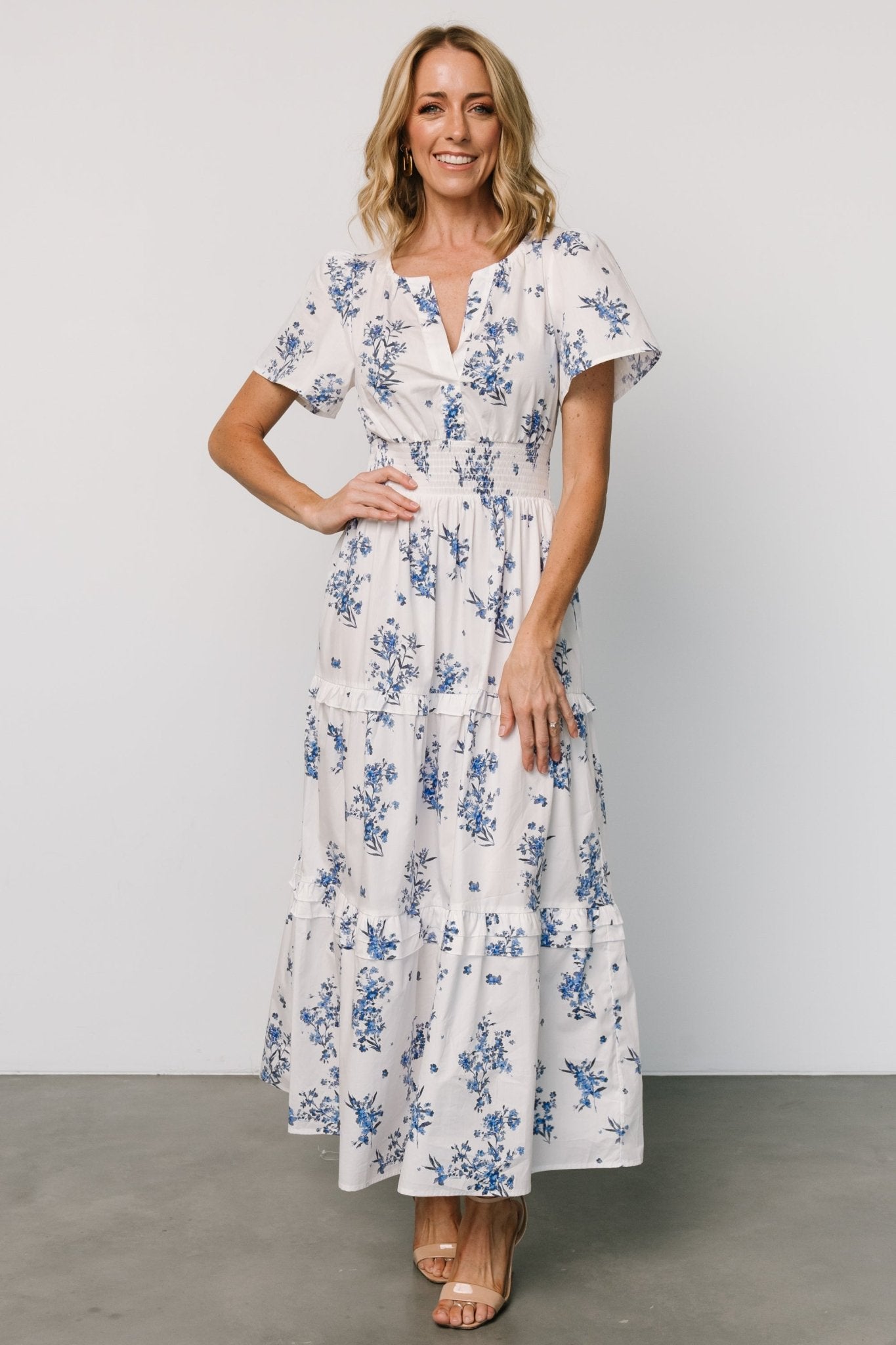 Floral Cotton Poplin Maxi Dress with Pockets - Off White & Blue
