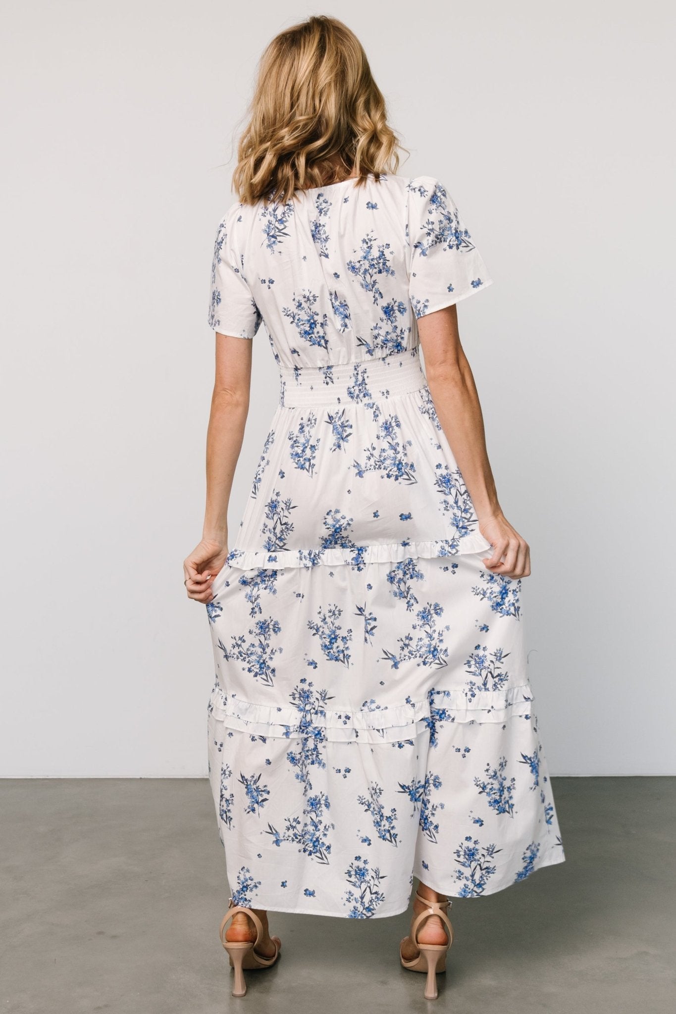 Floral Cotton Poplin Maxi Dress with Pockets - Off White & Blue