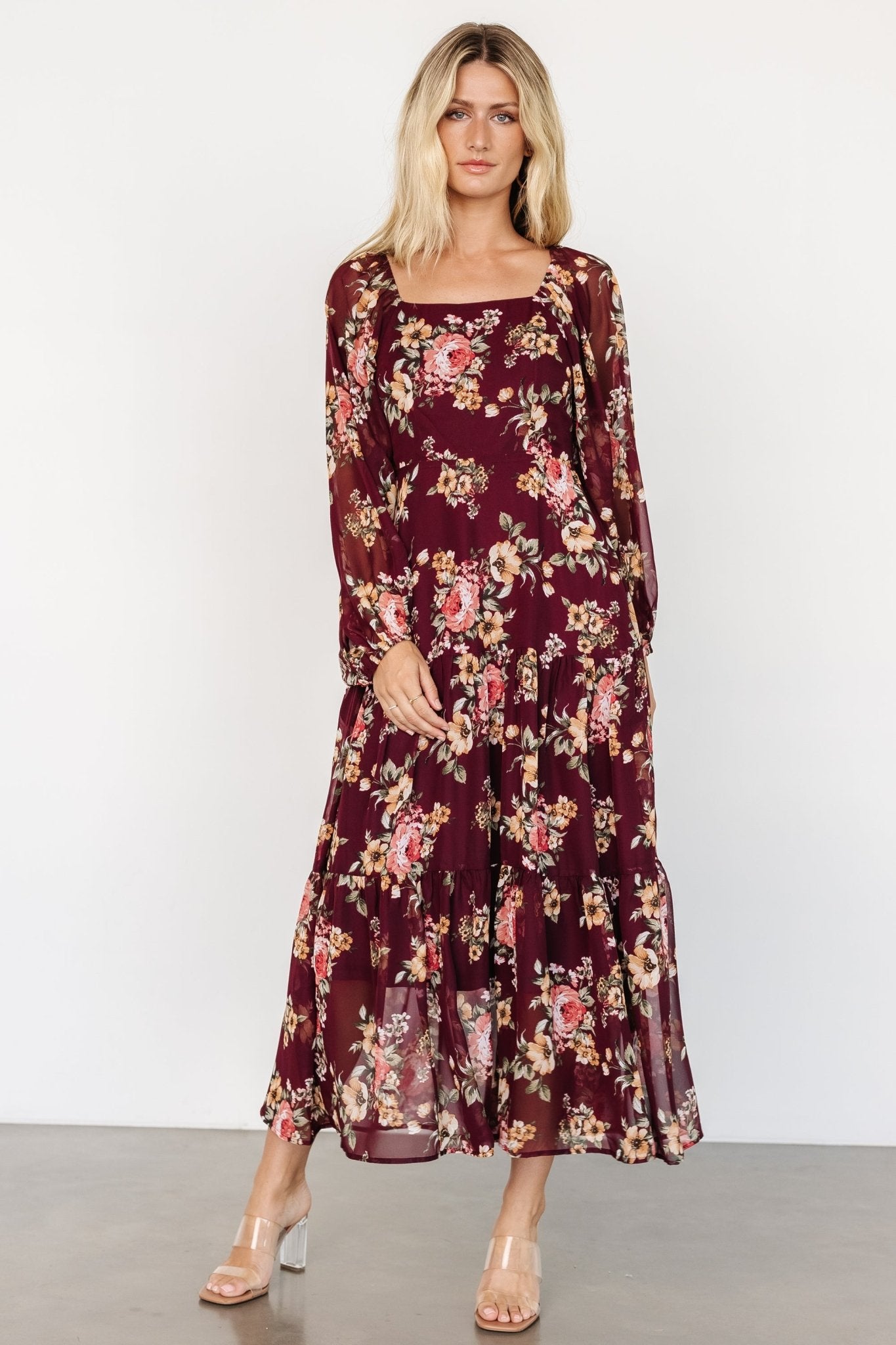 Wine Floral Maxi Dress with Puffed Sleeves & Pockets