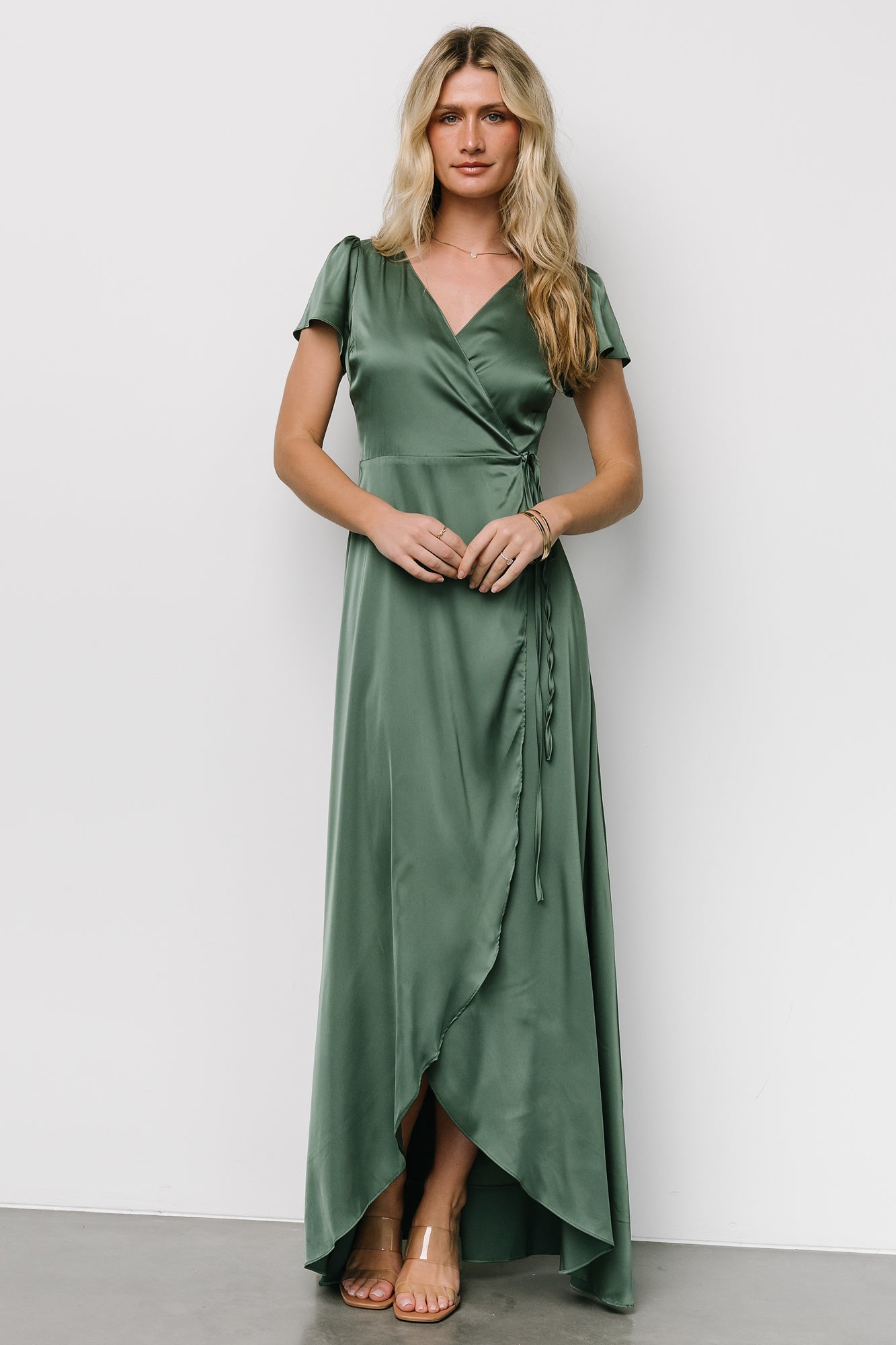 Winter Green Satin Wrap Gown by Baltic Born | Elegant Maxi Dress