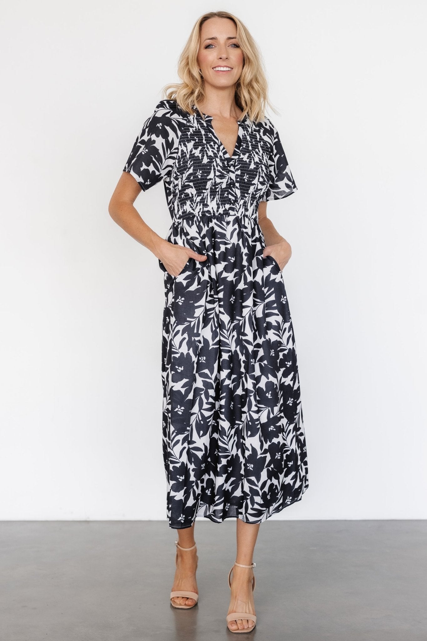 Black Floral Cotton Midi Dress with Pockets – Baltic Born