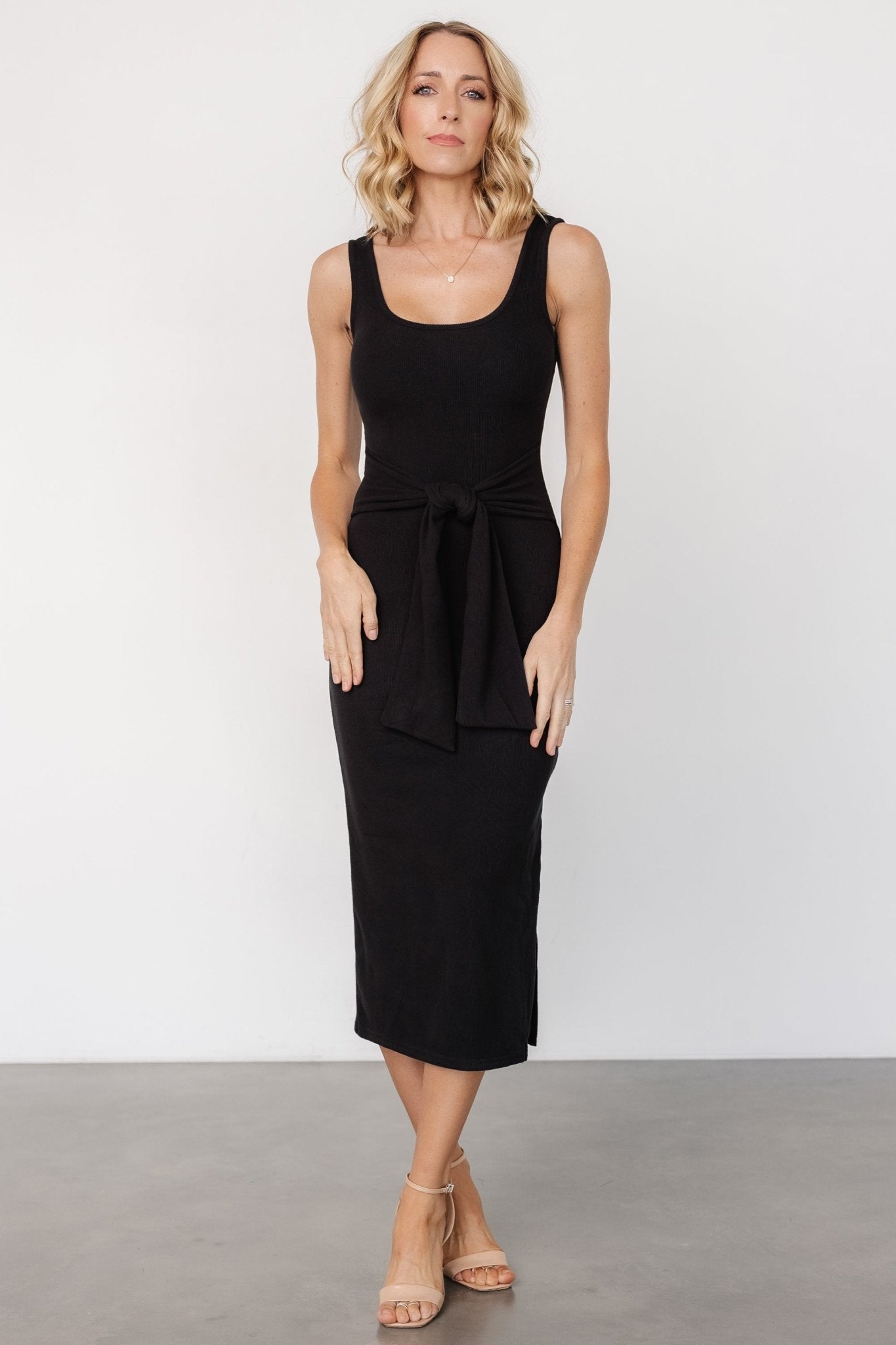 Kylee Black Front Tie Ribbed Tank Dress with Waist Sash