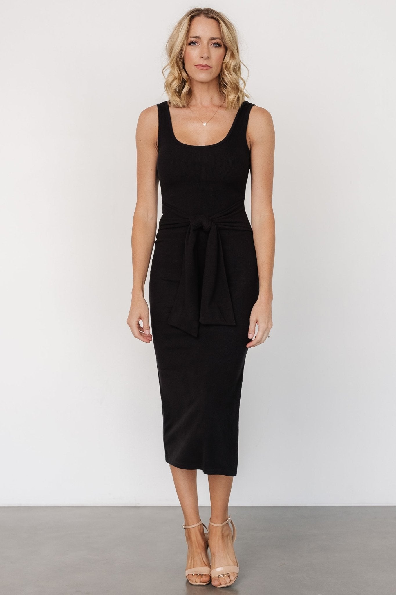 Kylee Black Front Tie Ribbed Tank Dress with Waist Sash