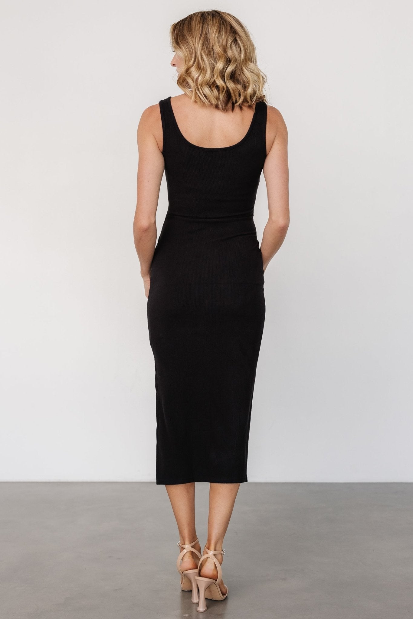 Kylee Black Front Tie Ribbed Tank Dress with Waist Sash