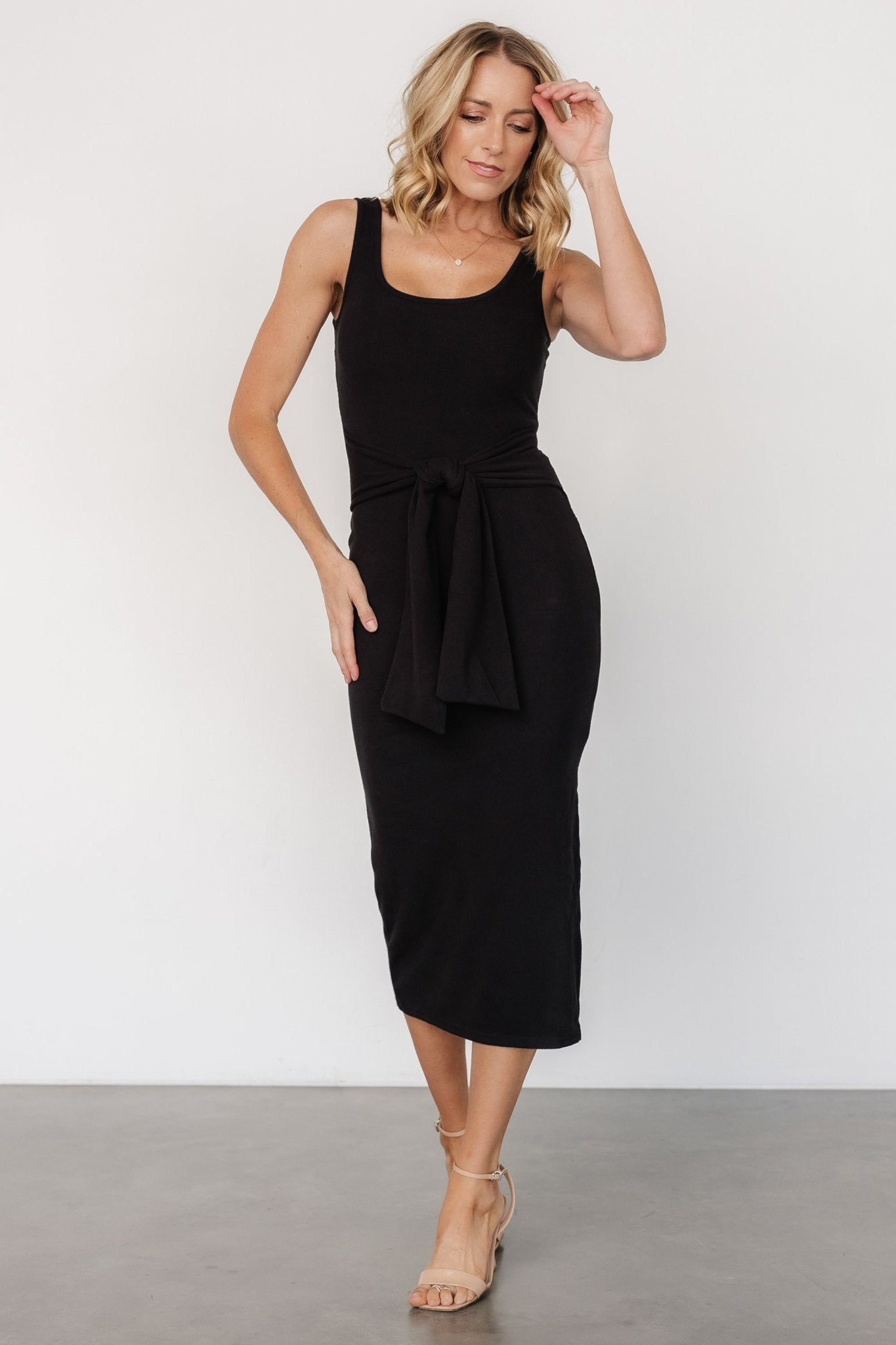 Kylee Black Front Tie Ribbed Tank Dress with Waist Sash