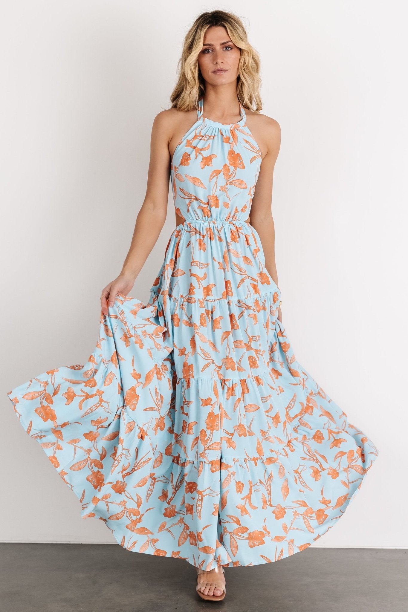 Baltic Born Blue Floral Back Tie Maxi Dress with Adjustable Neck