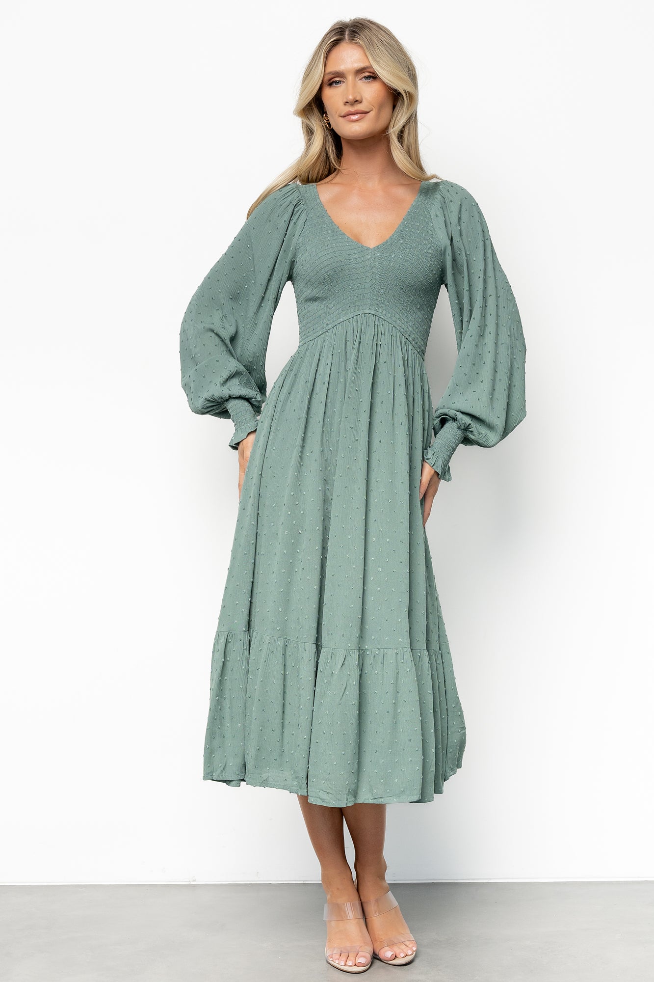 Baltic Born Lainey Smocked Dark Sage Midi Dress with V-Neck