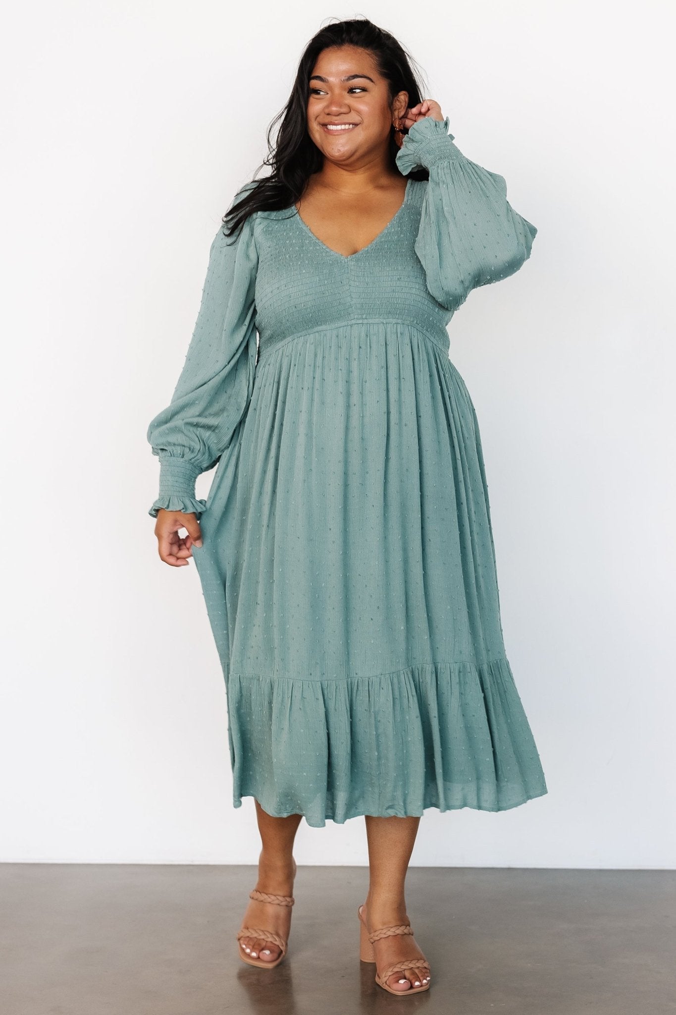 Baltic Born Lainey Smocked Dark Sage Midi Dress with V-Neck