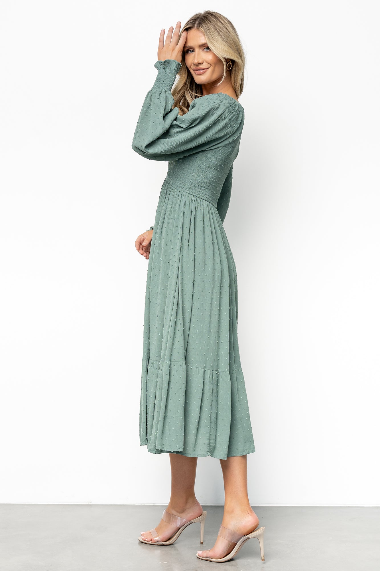 Baltic Born Lainey Smocked Dark Sage Midi Dress with V-Neck