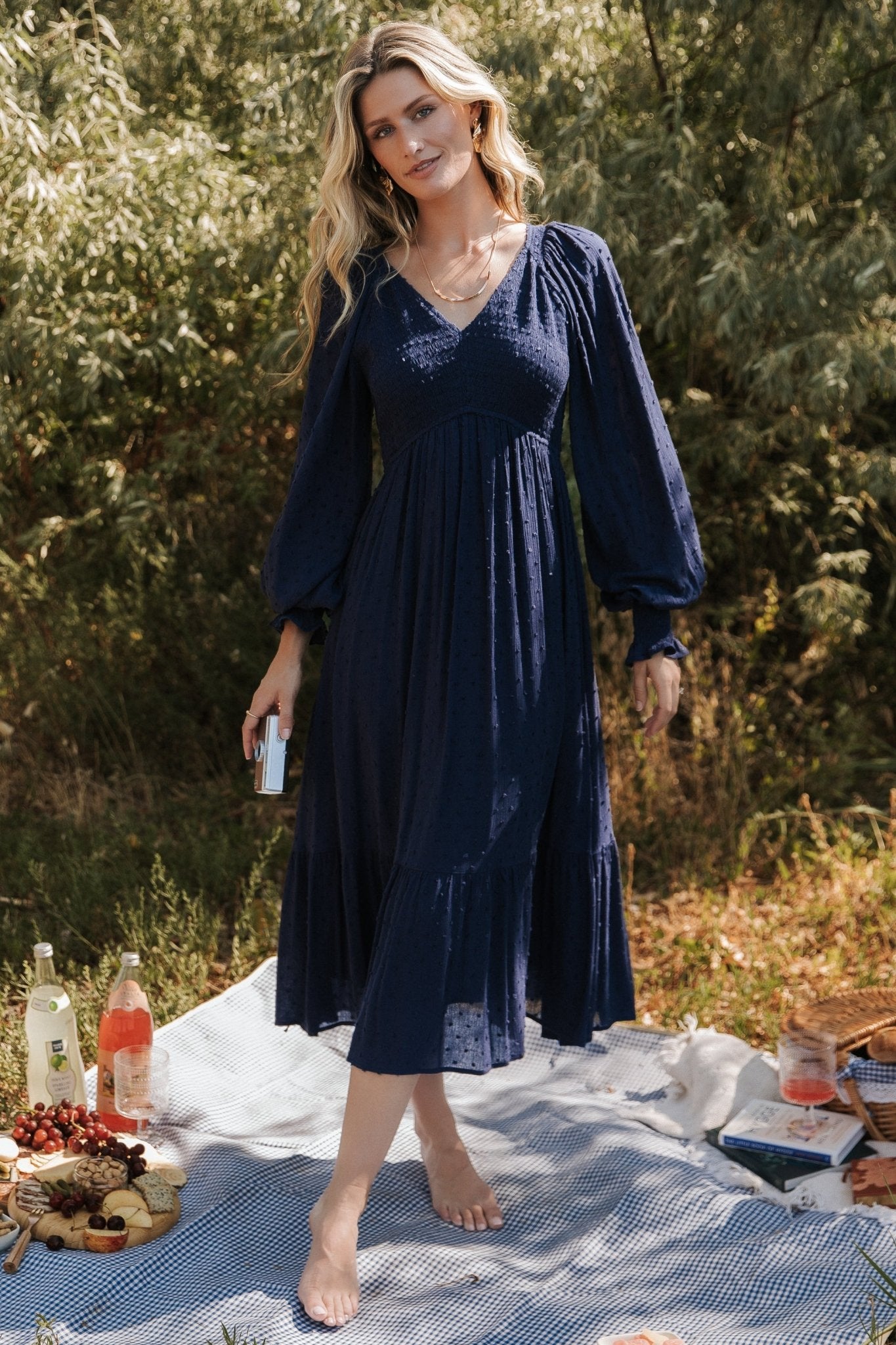 Baltic Born Smocked Swiss Dot Midi Dress in Midnight Blue