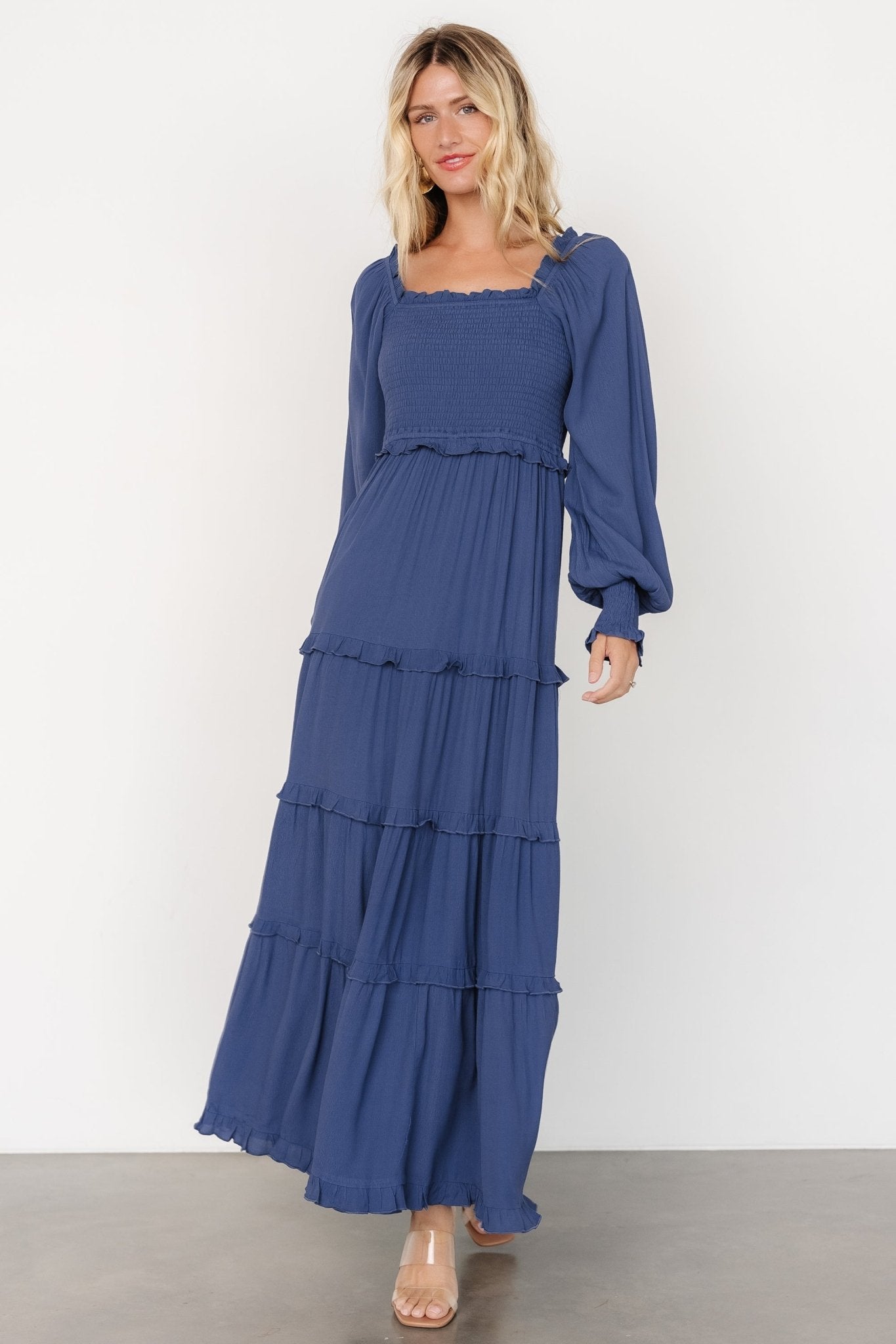 Blue Smocked Maxi Dress with Ruffles & Long Sleeves