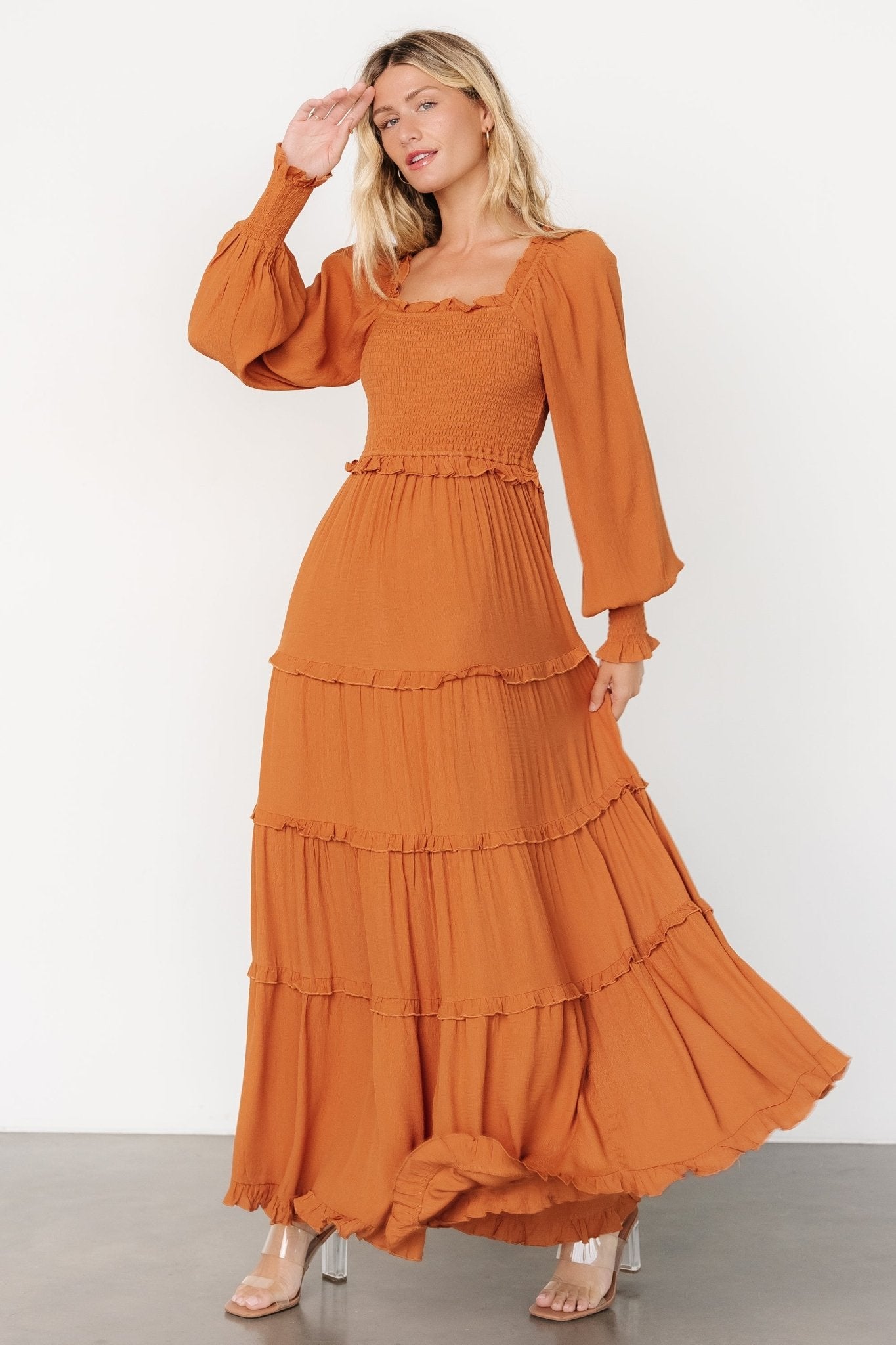 Lana Smocked Long Sleeve Maxi Dress in Camel with Ruffles