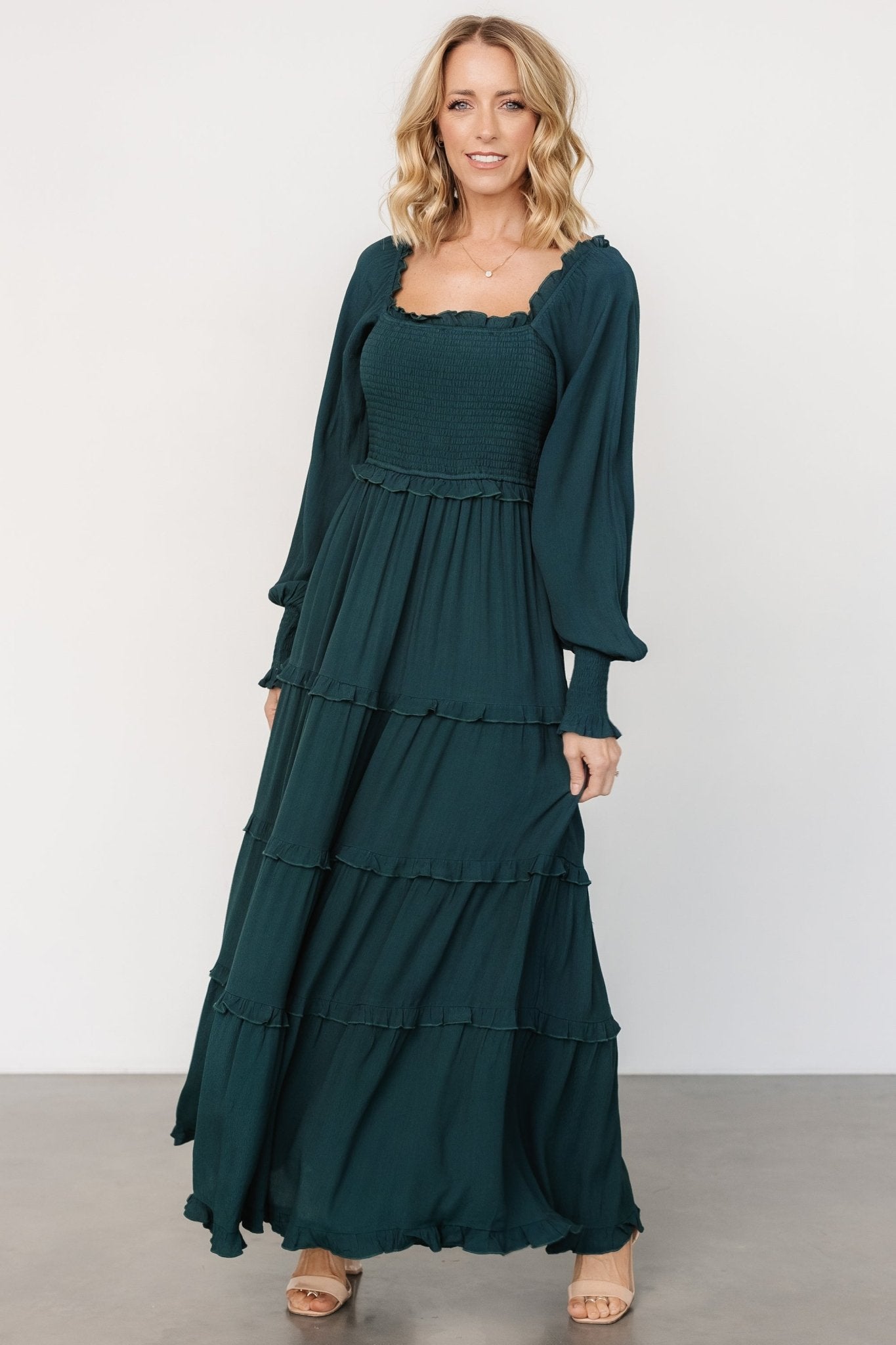 Dark Green Lana Smocked Maxi Dress with Ruffles