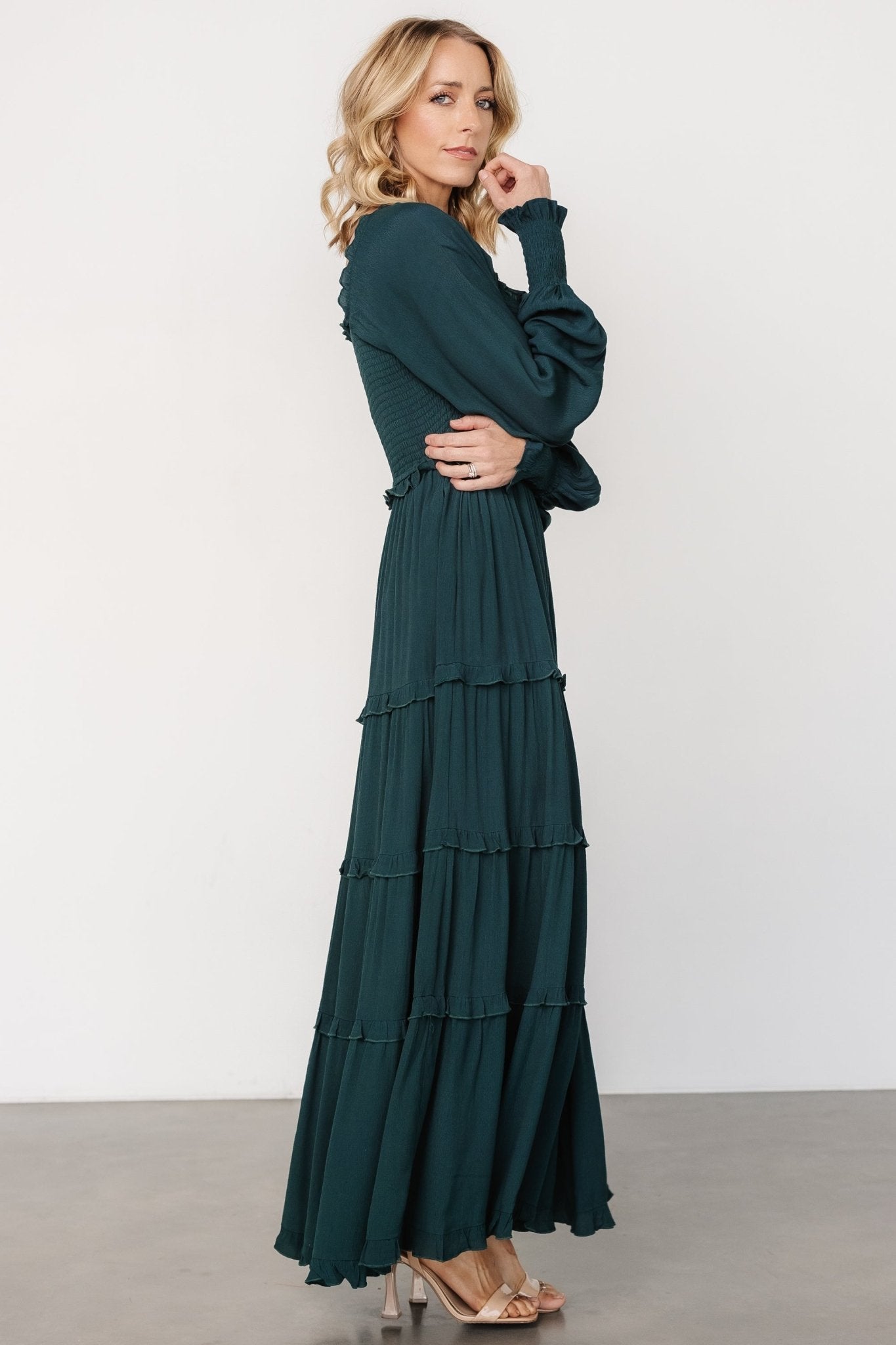 Dark Green Lana Smocked Maxi Dress with Ruffles