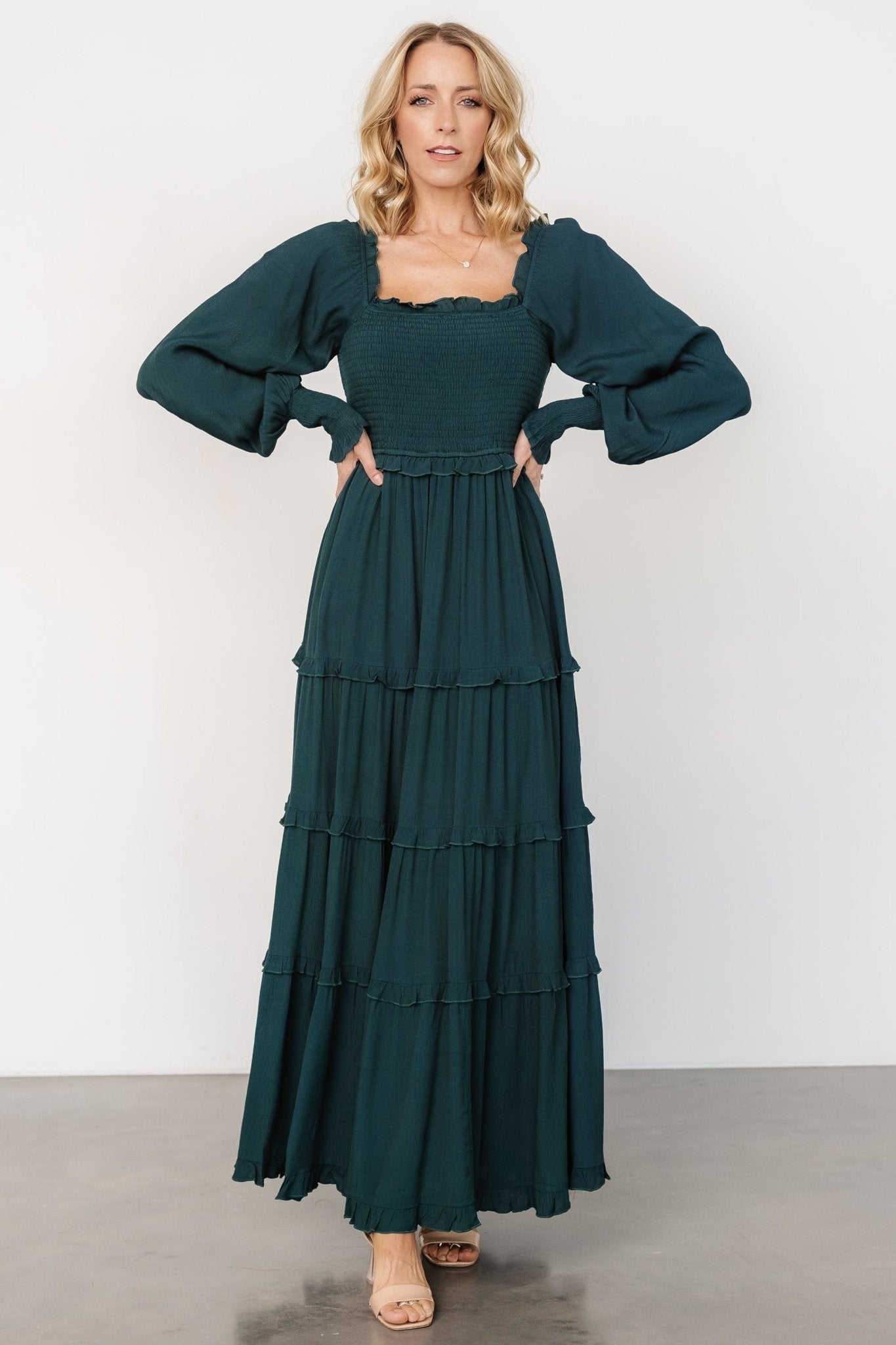 Dark Green Lana Smocked Maxi Dress with Ruffles