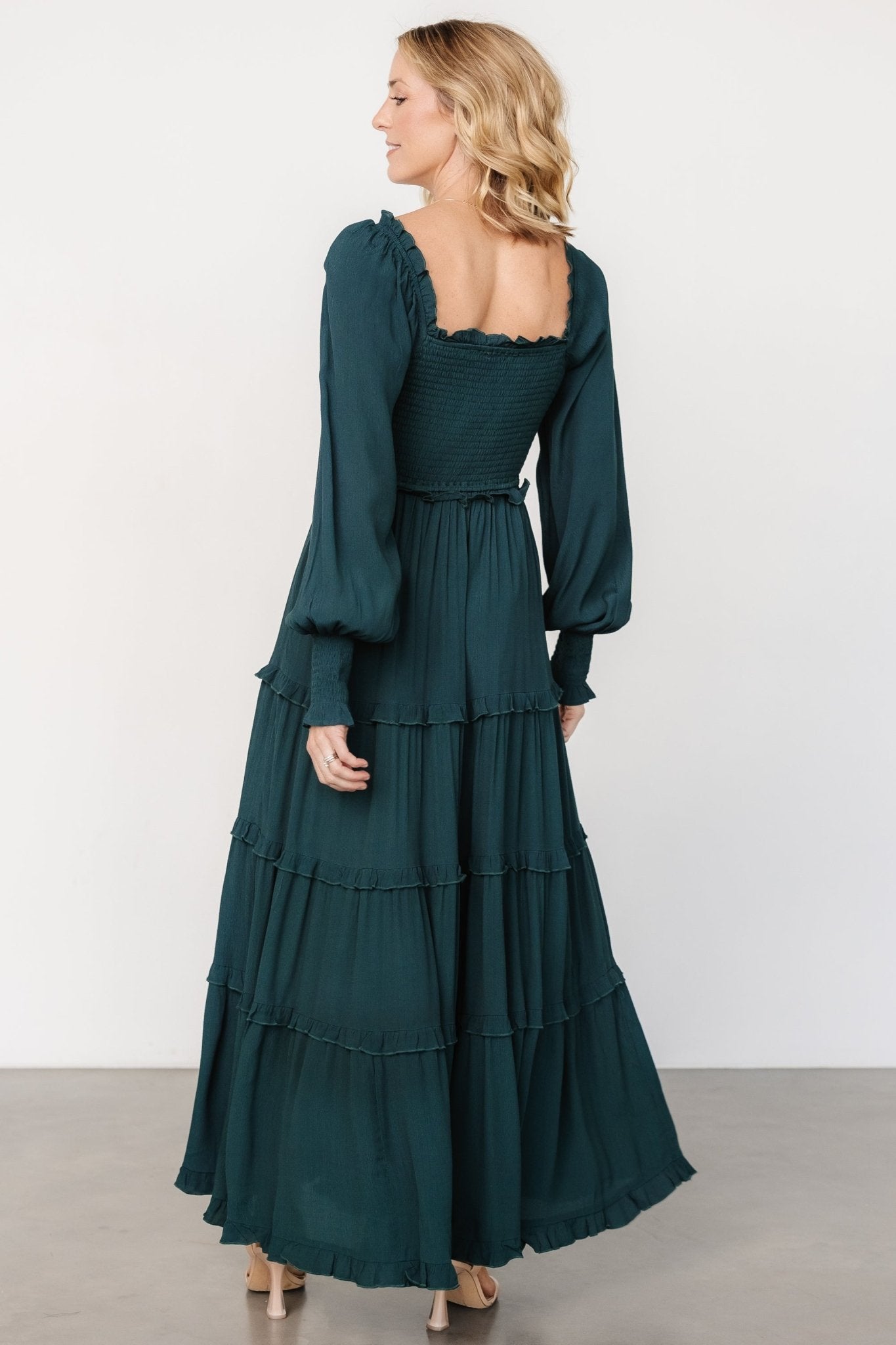 Dark Green Lana Smocked Maxi Dress with Ruffles