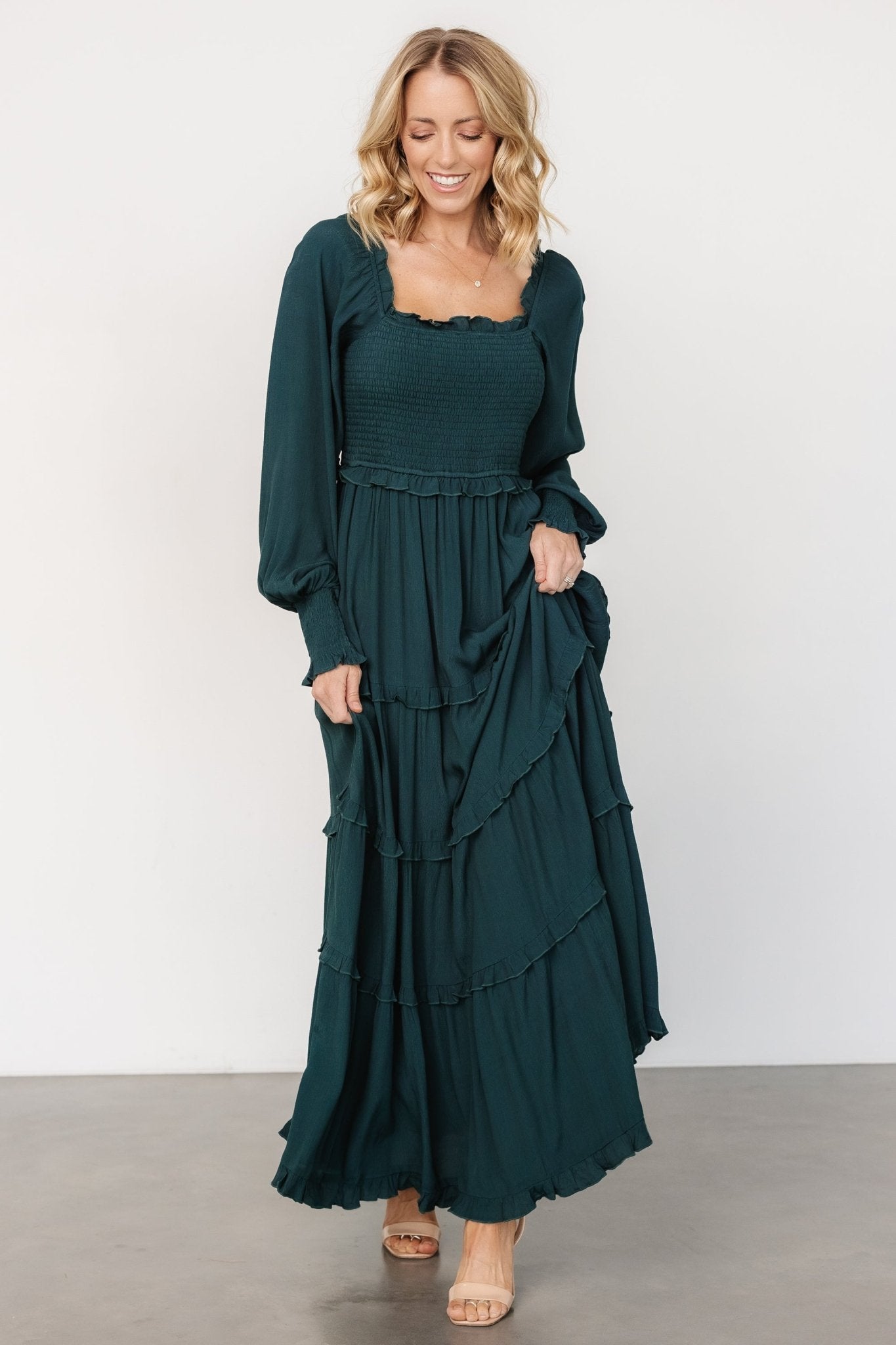 Dark Green Lana Smocked Maxi Dress with Ruffles