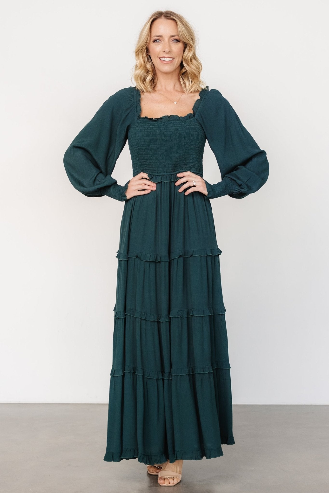 Dark Green Lana Smocked Maxi Dress with Ruffles