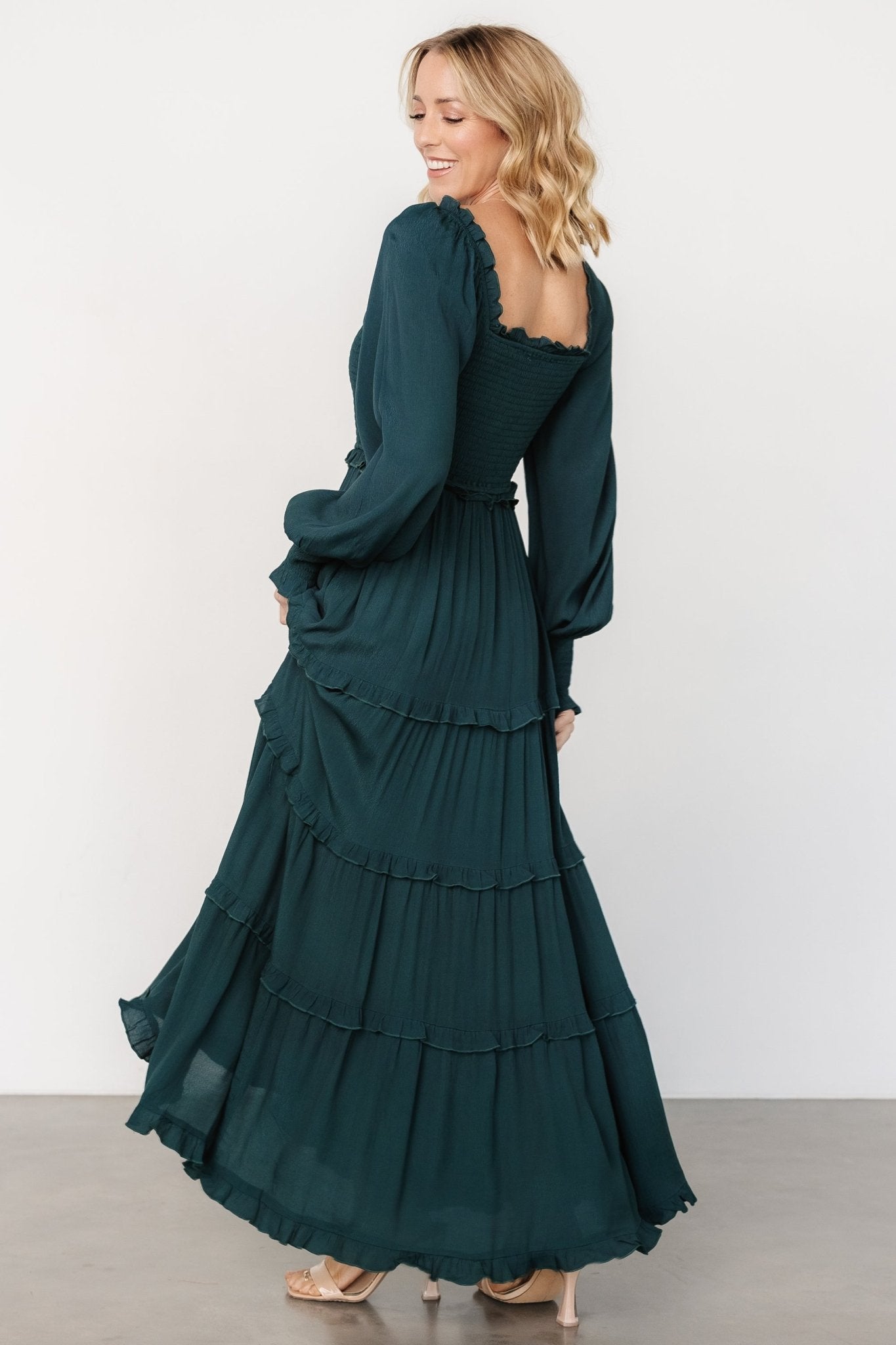 Dark Green Lana Smocked Maxi Dress with Ruffles