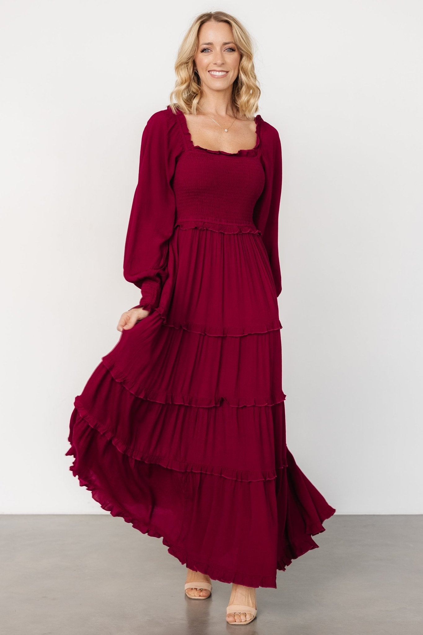 Merlot Smocked Maxi Dress with Ruffles & Long Sleeves
