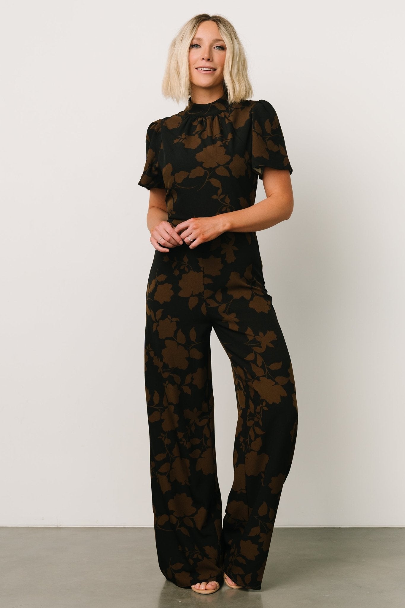 Baltic Born Langham Mock Neck Jumpsuit in Espresso Floral Print