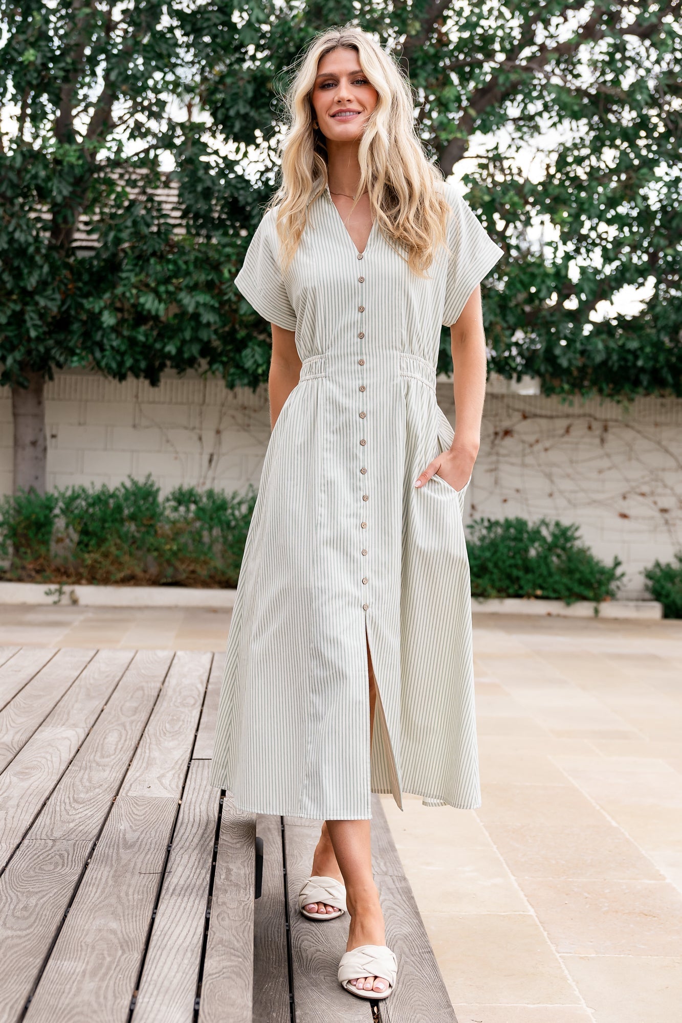 Sage Stripe Cotton Linen Button Dress by Larah