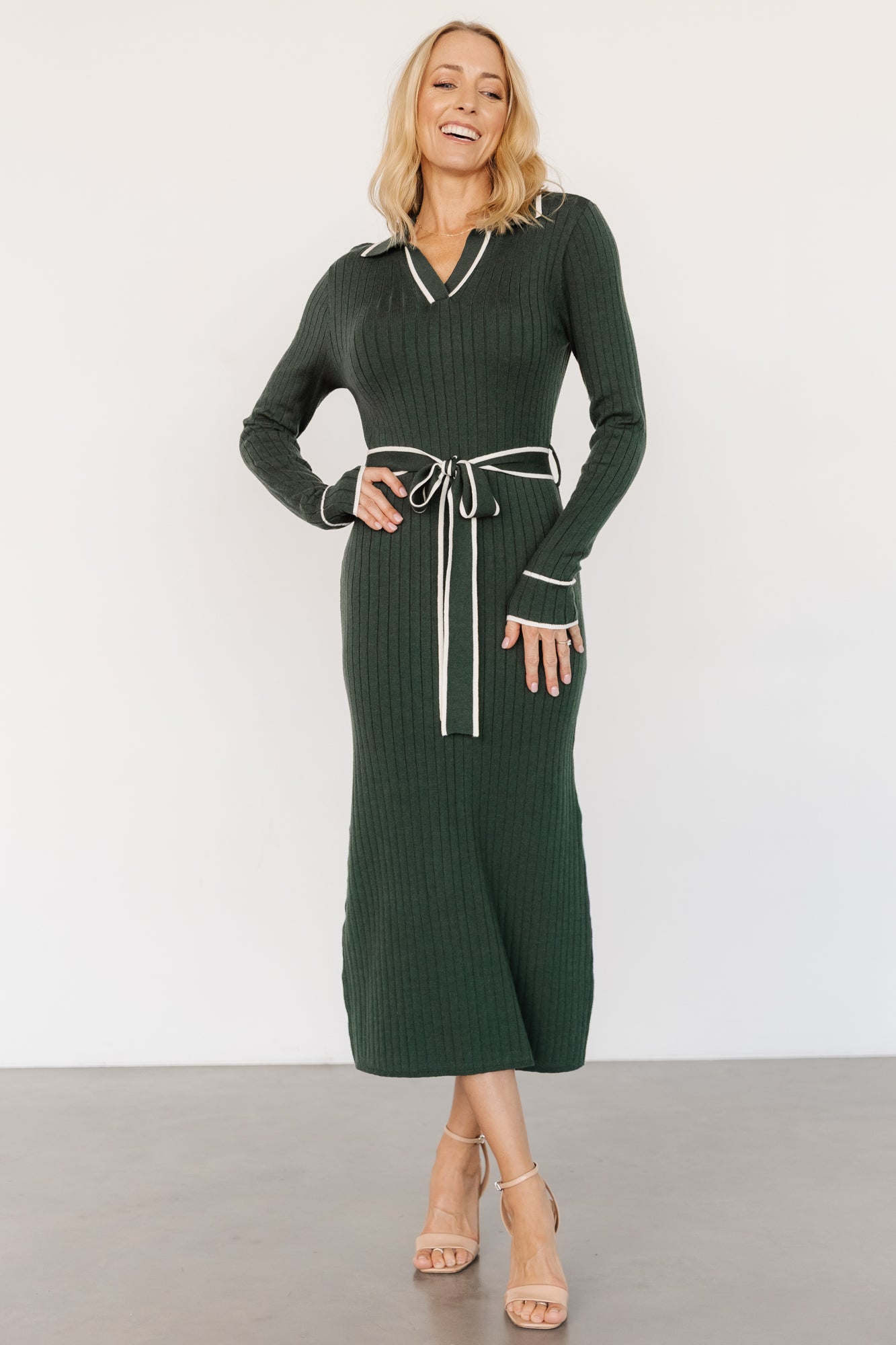 Baltic Born Green Ribbed Sweater Dress with Waist Sash