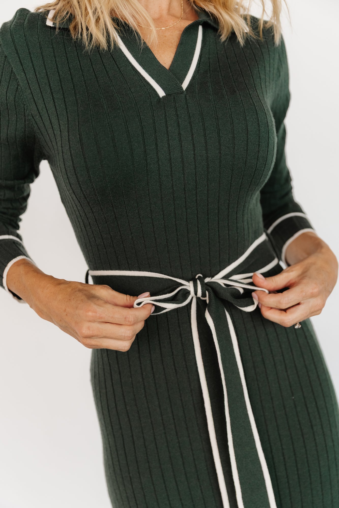 Baltic Born Green Ribbed Sweater Dress with Waist Sash