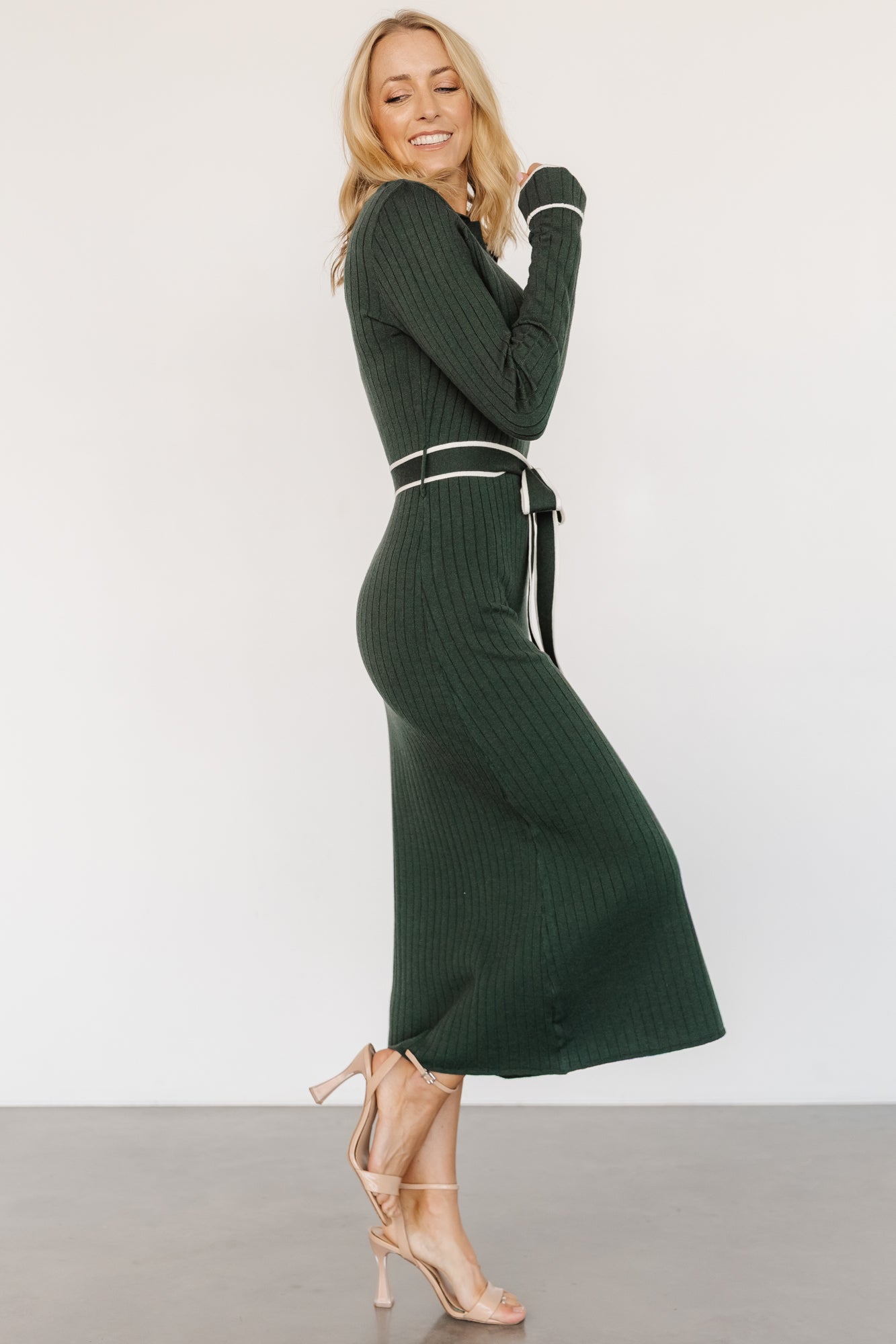 Baltic Born Green Ribbed Sweater Dress with Waist Sash