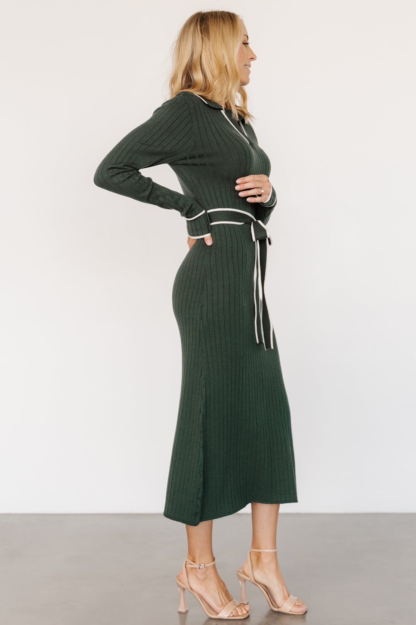 Baltic Born Green Ribbed Sweater Dress with Waist Sash