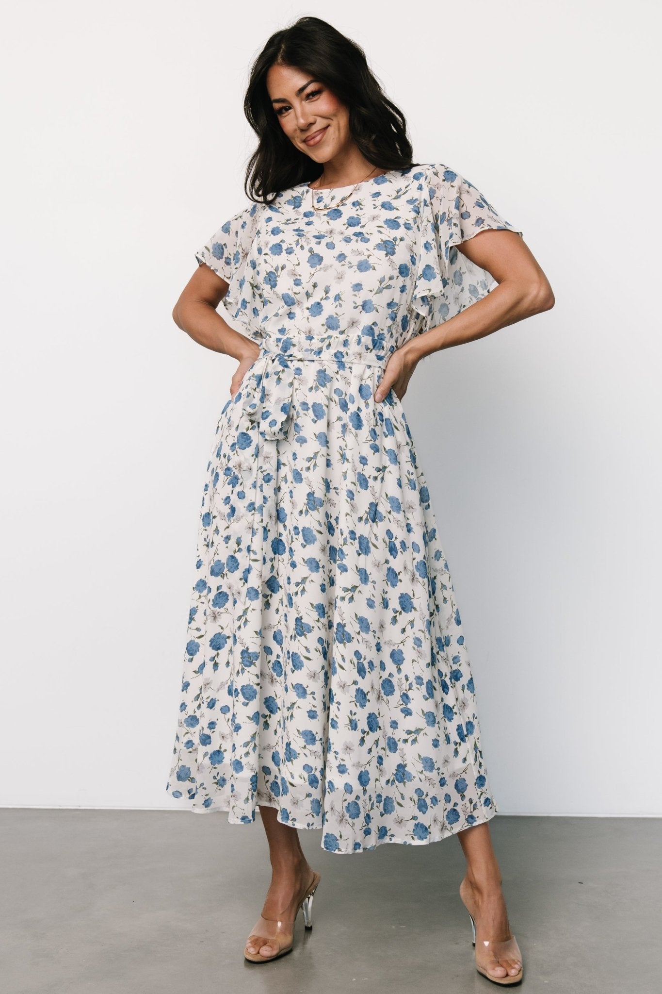 Floral Chiffon Midi Dress with Flutter Sleeves – Baltic Born