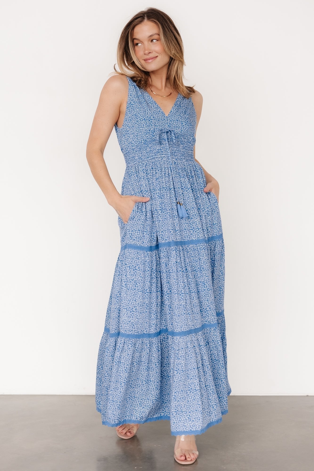 Blue Floral Lauren Maxi Dress with Smocked Waist & Pockets