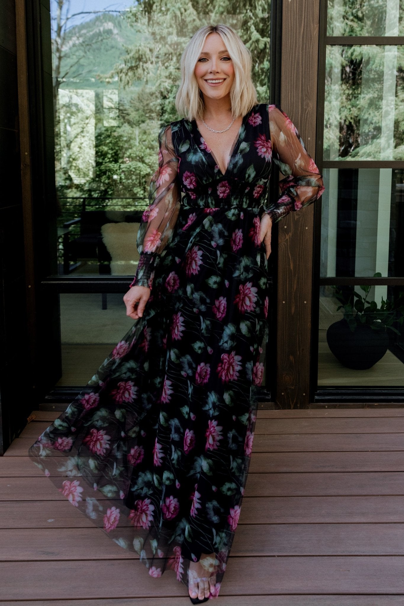 Floral Tulle Maxi Dress with Smocked Waist & Long Sleeves - Black Multi