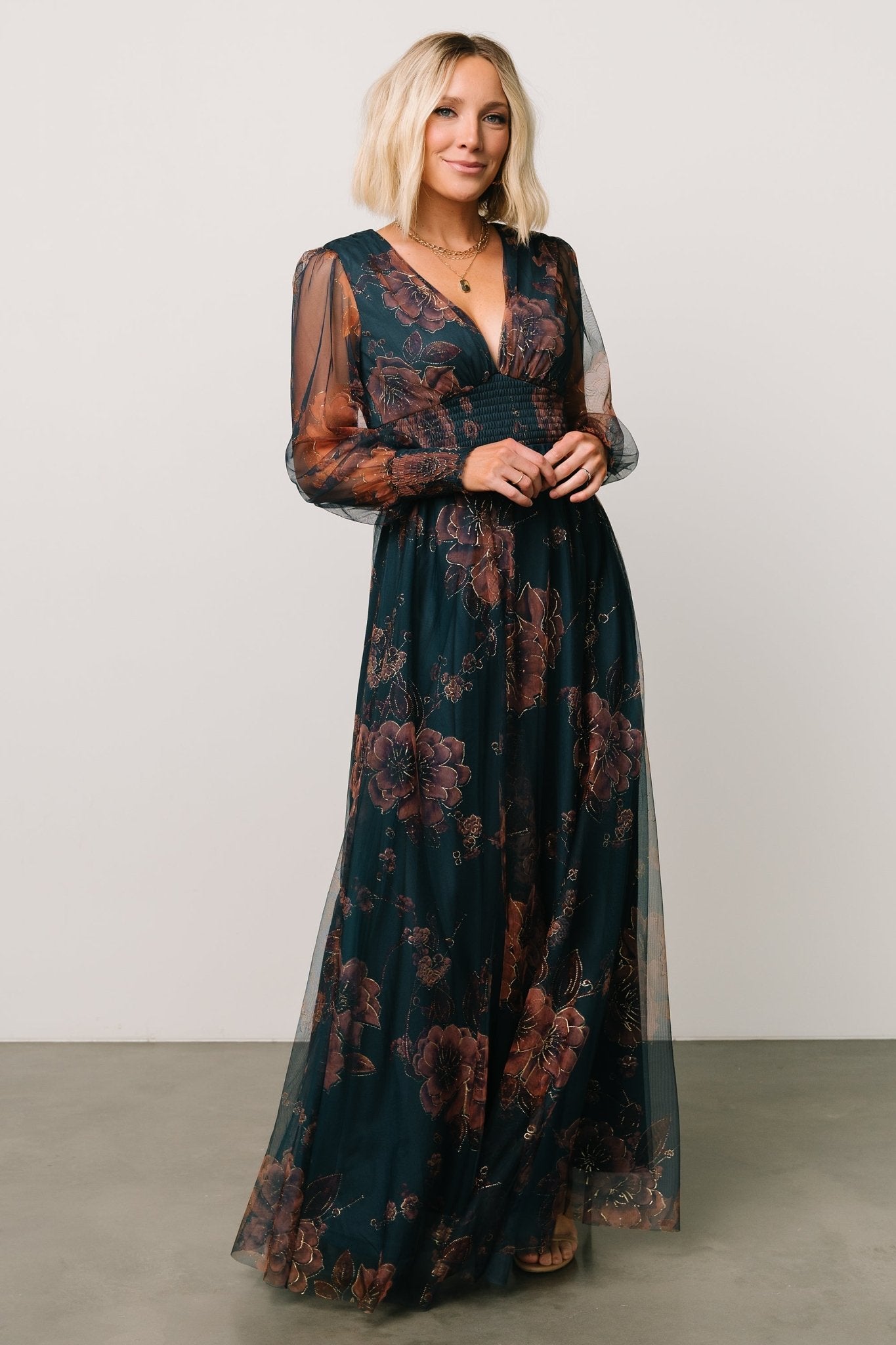 Baltic Born Copper Blue Floral Tulle Maxi Dress with Smocked Waist