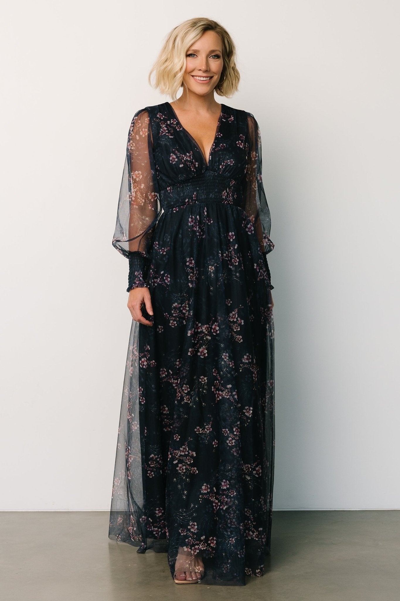 Baltic Born Blue & Pink Tulle Maxi Dress with Floral Design