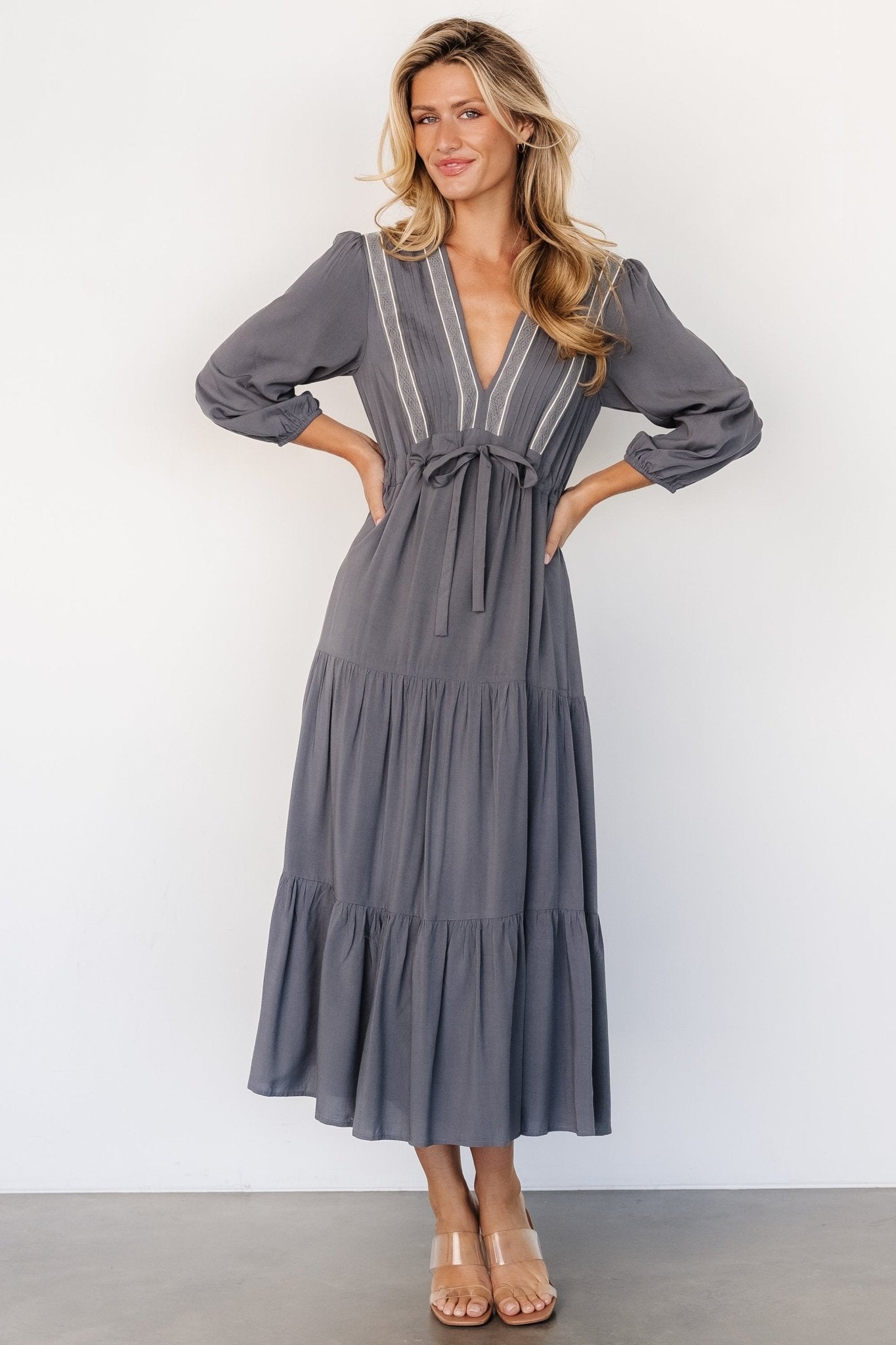 Dark Gray Antonia V-Neck Lace Accent Dress with Drawstring Waist