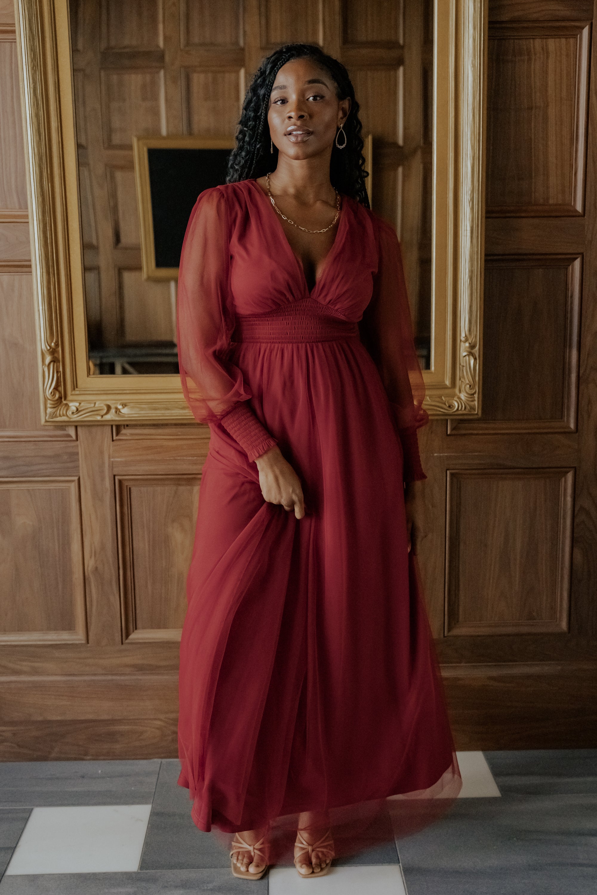 Terracotta Tulle Maxi Dress by Baltic Born | Long Sleeve Smocked Waist