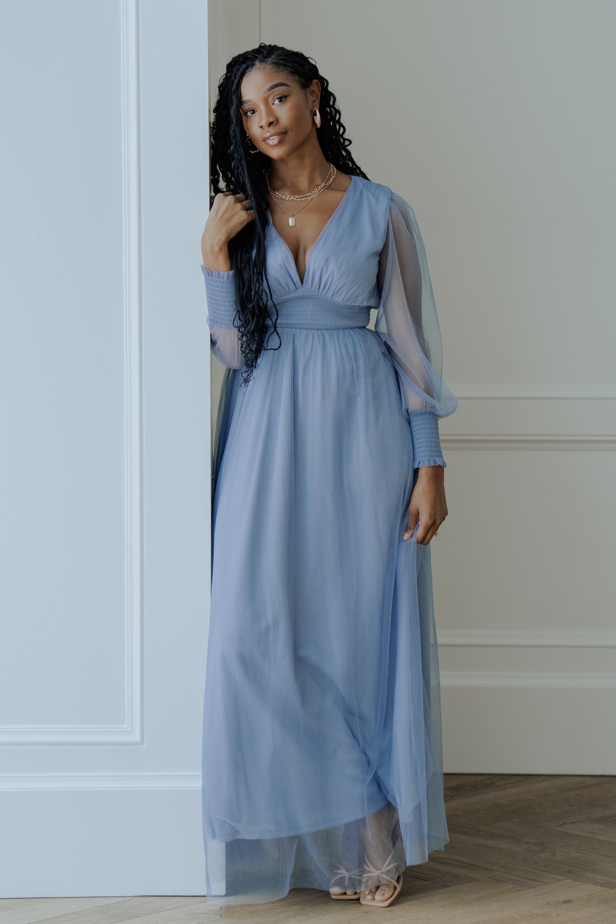Whisper Blue Tulle Maxi Dress by Baltic Born | Deep V-Neck & Smocked Waist