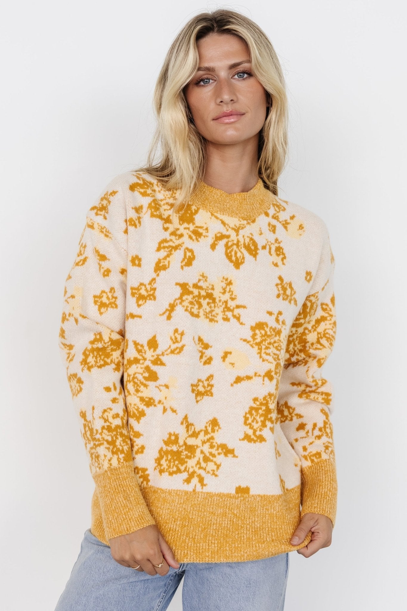 Mustard Yellow Floral Knit Sweater | Cozy Long Sleeve Round Neck