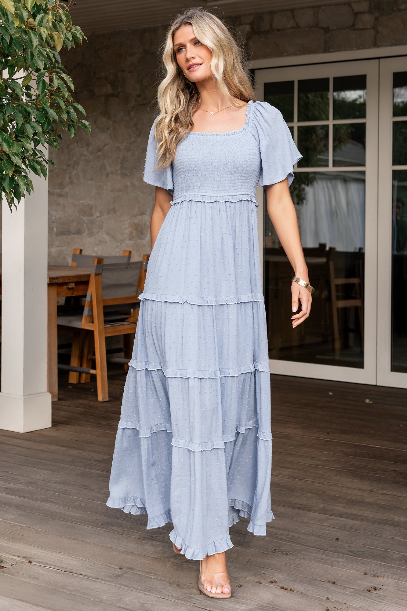 Lenora Smocked Maxi Dress in Dusty Blue with Ruffled Waist