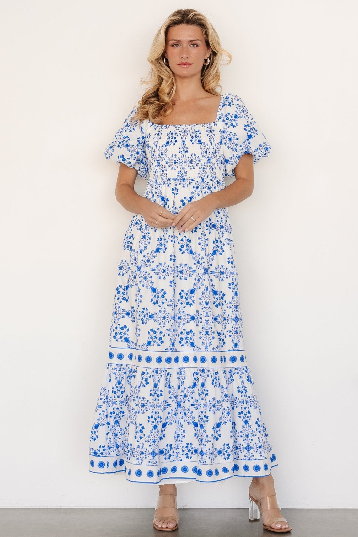 Lexa Cotton Smocked Maxi Dress with Pockets – Blue Floral