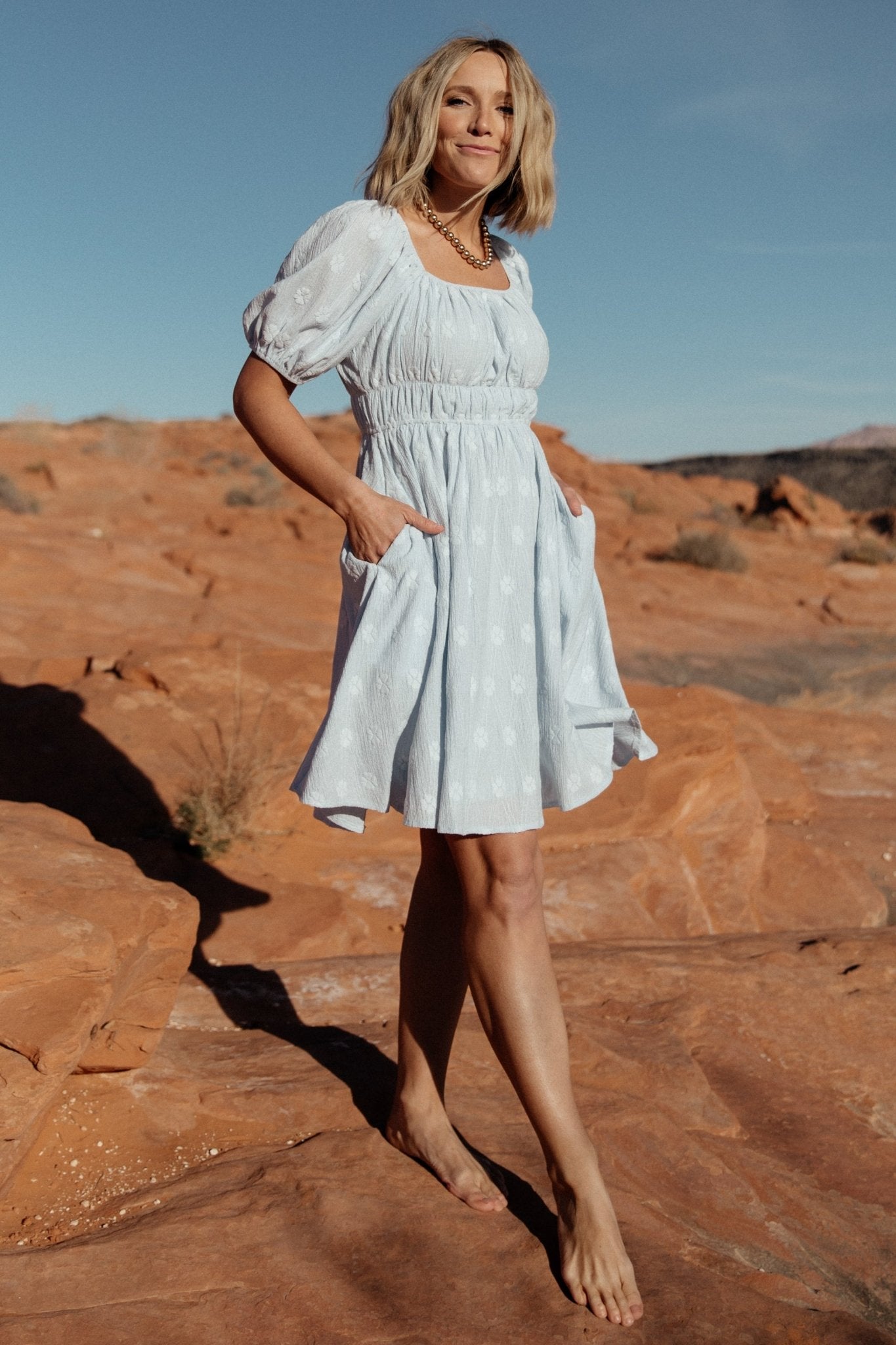 Baltic Born Blue Floral Short Dress with Puff Sleeves