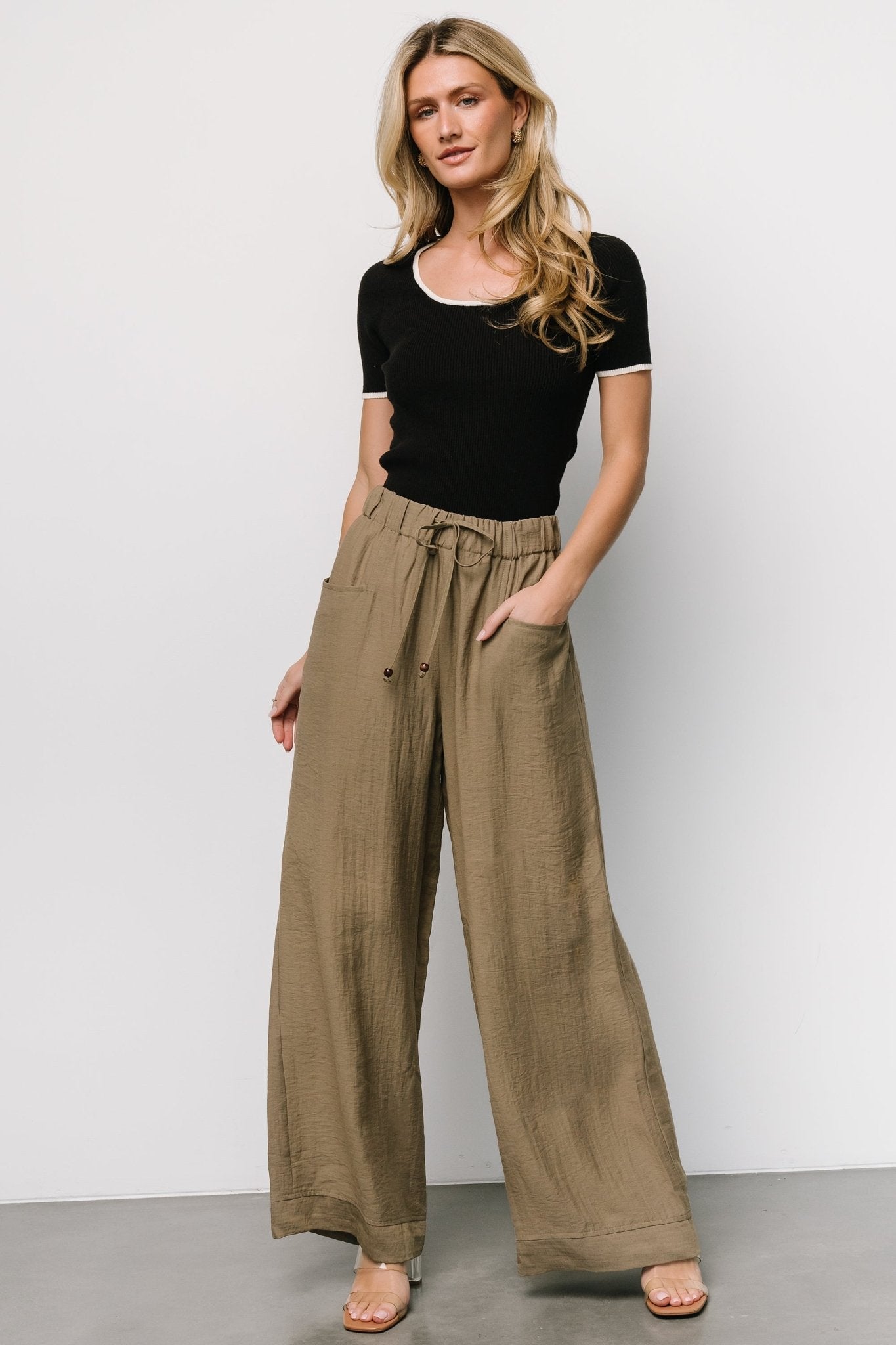 Leza Olive Green Wide Leg Pants with Elastic Waist & Pockets