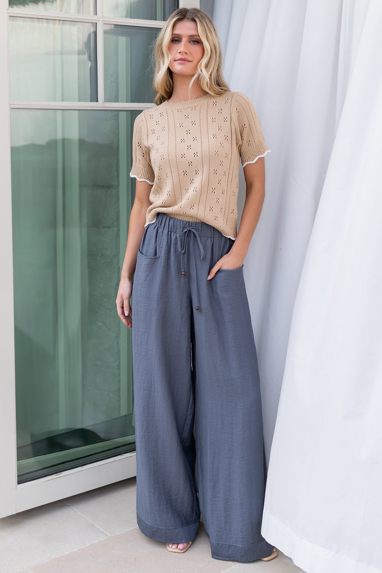 Leza Slate Blue Linen-Like Wide Leg Pants with Pockets